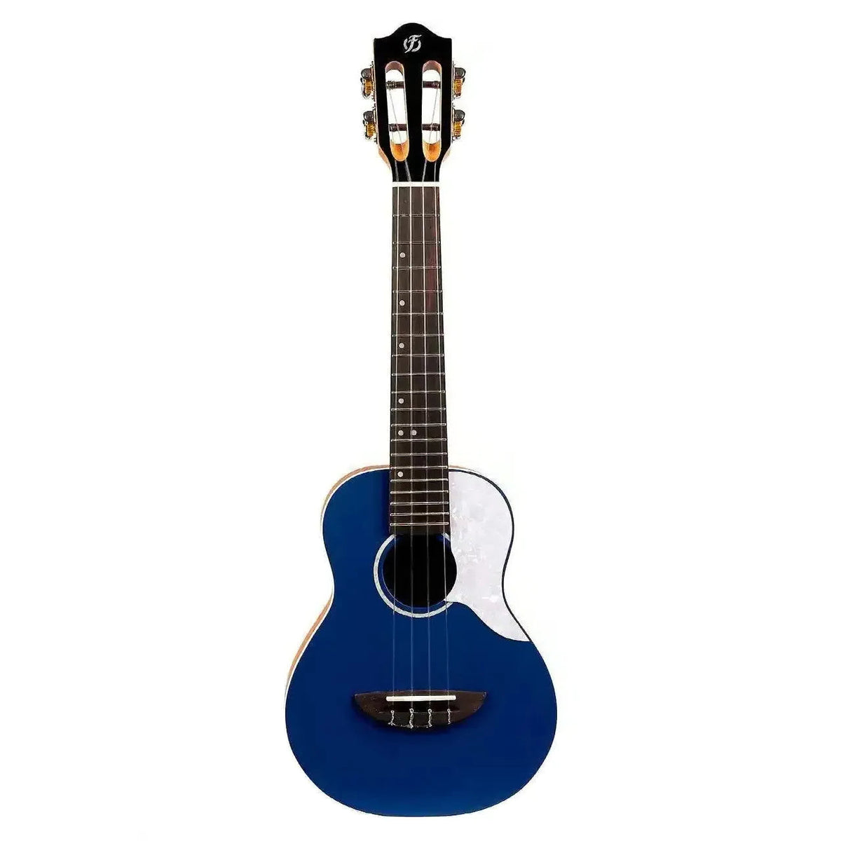 Flight IRIS DB Blue Concert Ukulele with solid spruce top, white pickguard, and rosewood fretboard.