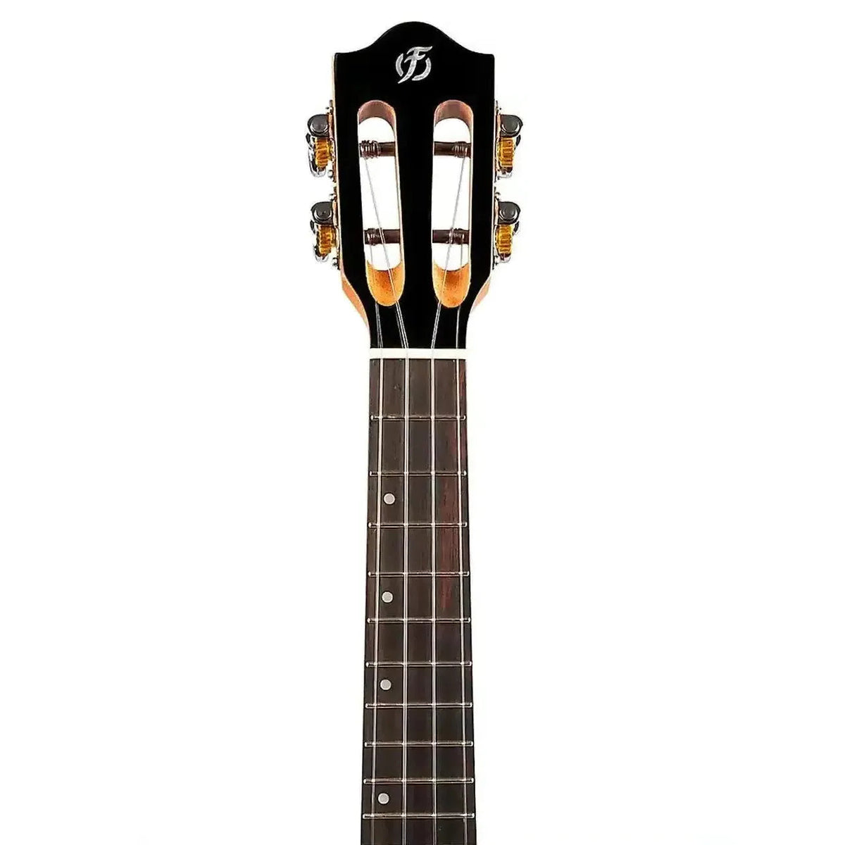 Flight IRIS DB Blue Concert Ukulele headstock and fretboard with gold tuners.