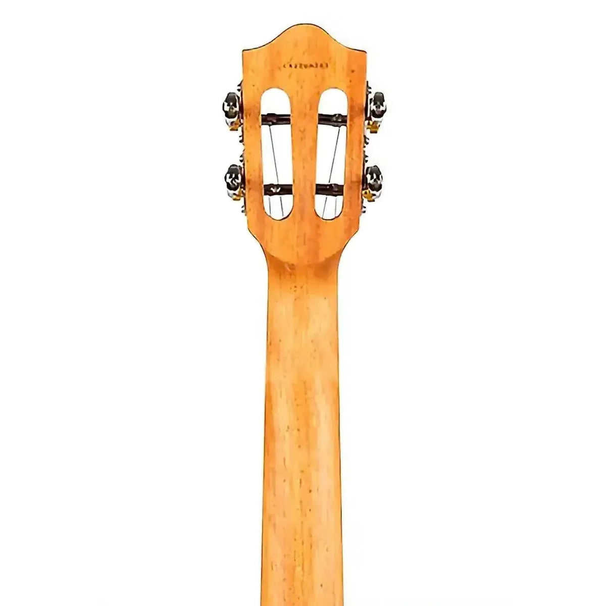 Flight IRIS DB Concert Ukulele headstock and neck, light wood with chrome tuners.