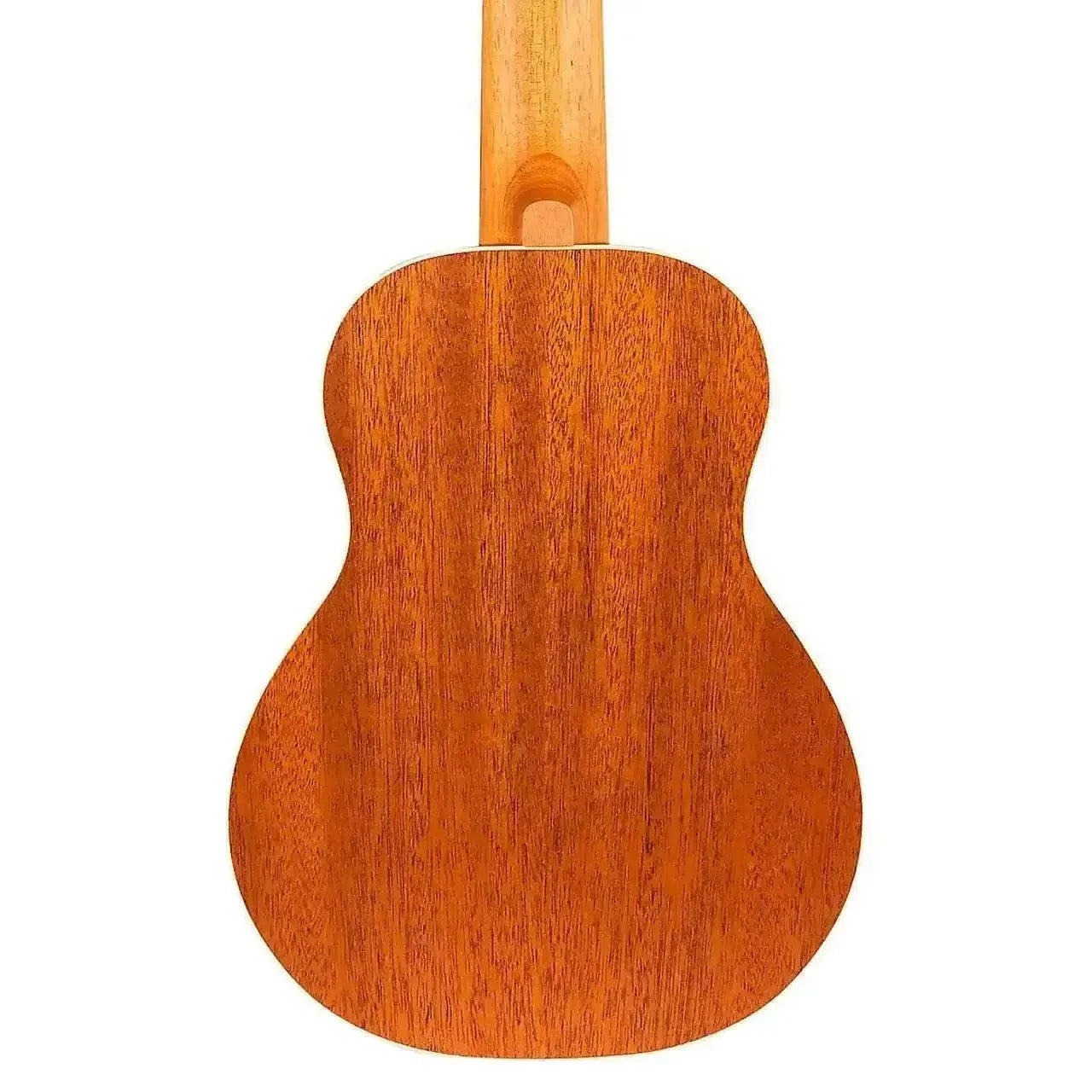 Back of a Flight IRIS RD Concert Ukulele, showing its warm reddish-brown mahogany wood grain.