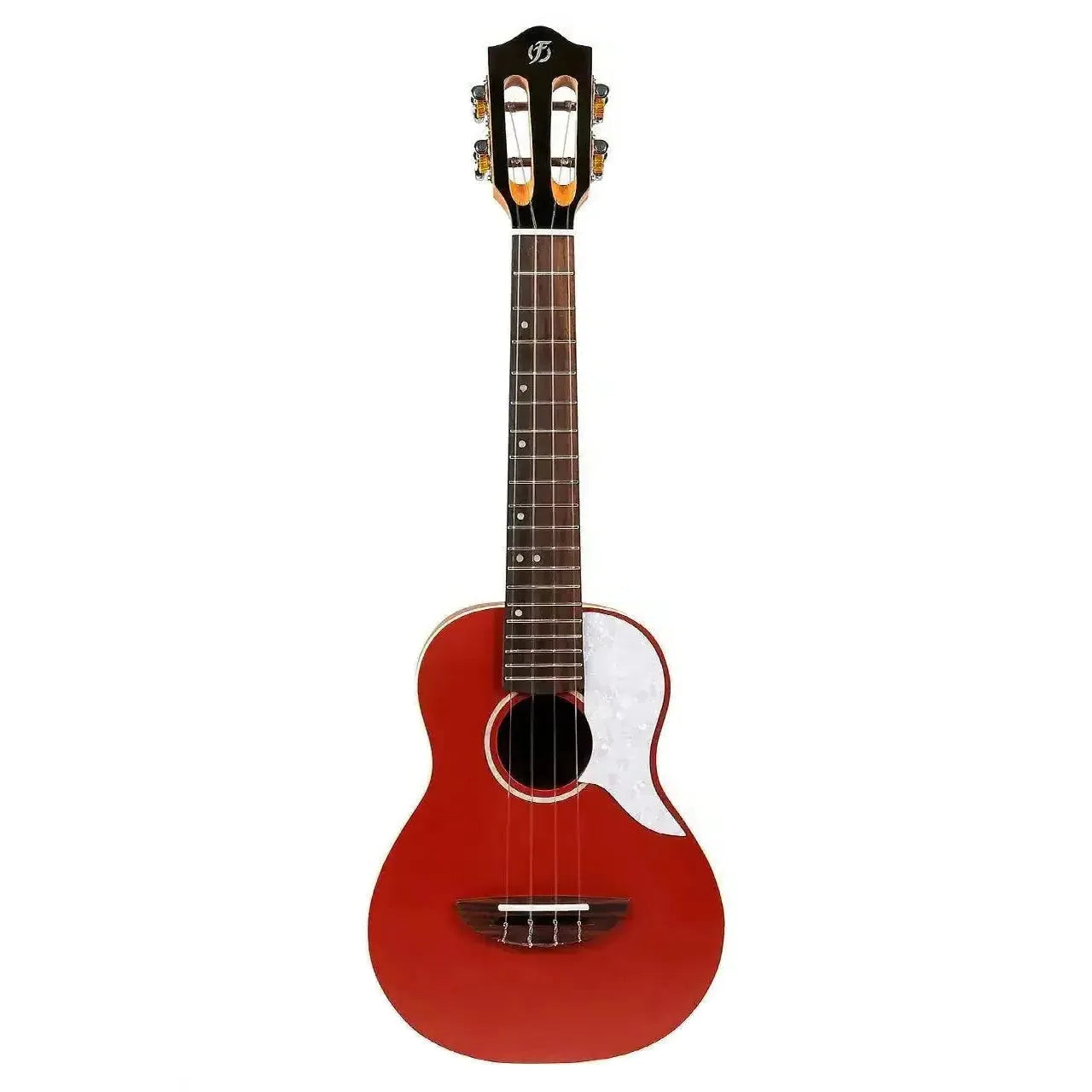 Flight IRIS RD Red Concert Ukulele with solid spruce top, white pickguard, and dark headstock.