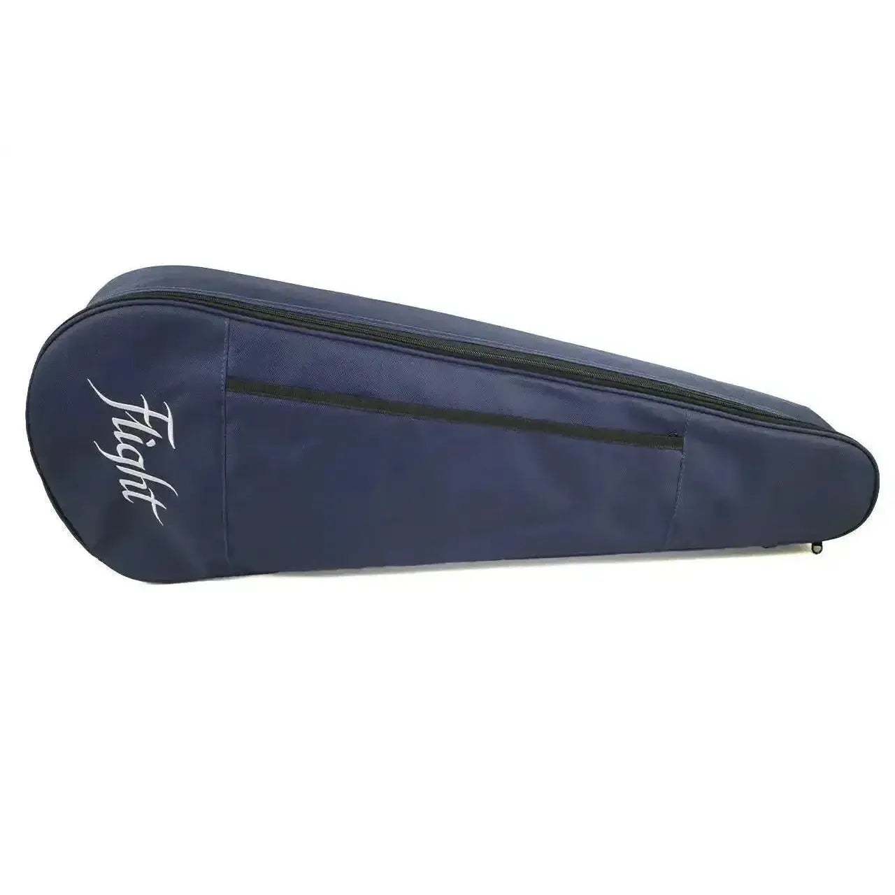 Flight ukulele gig bag in dark blue with white Flight logo and a zippered pocket.
