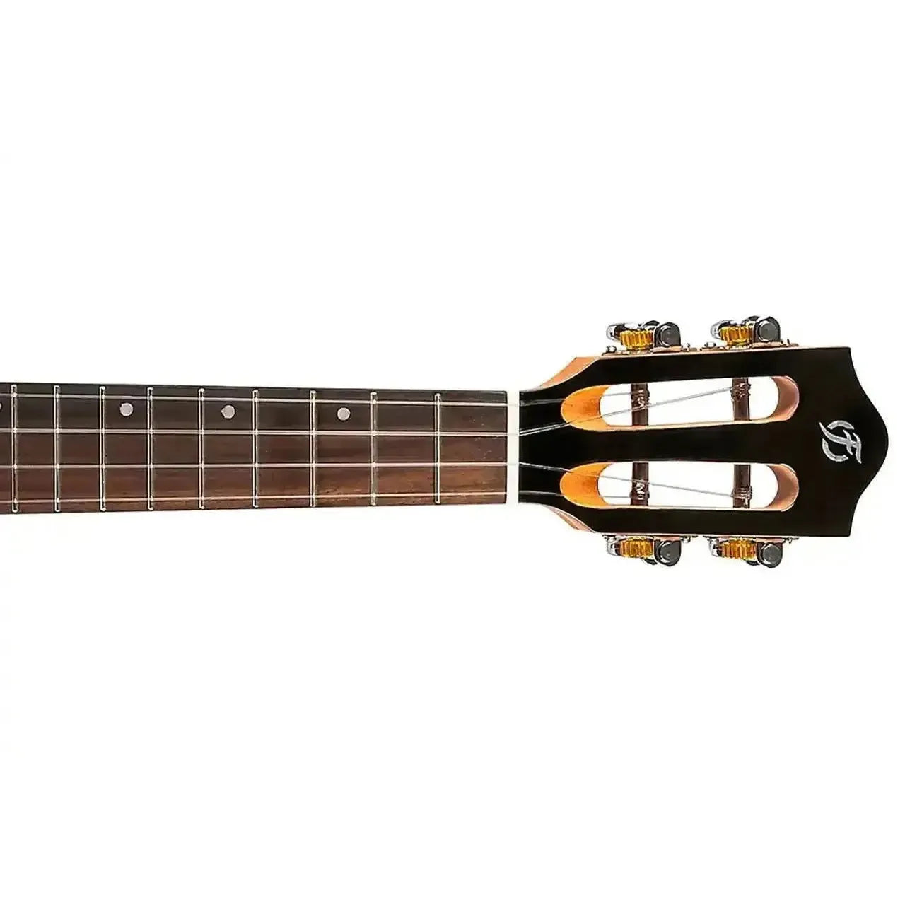 Flight IRIS RD Red Concert Ukulele headstock and fretboard with black tuners and logo.