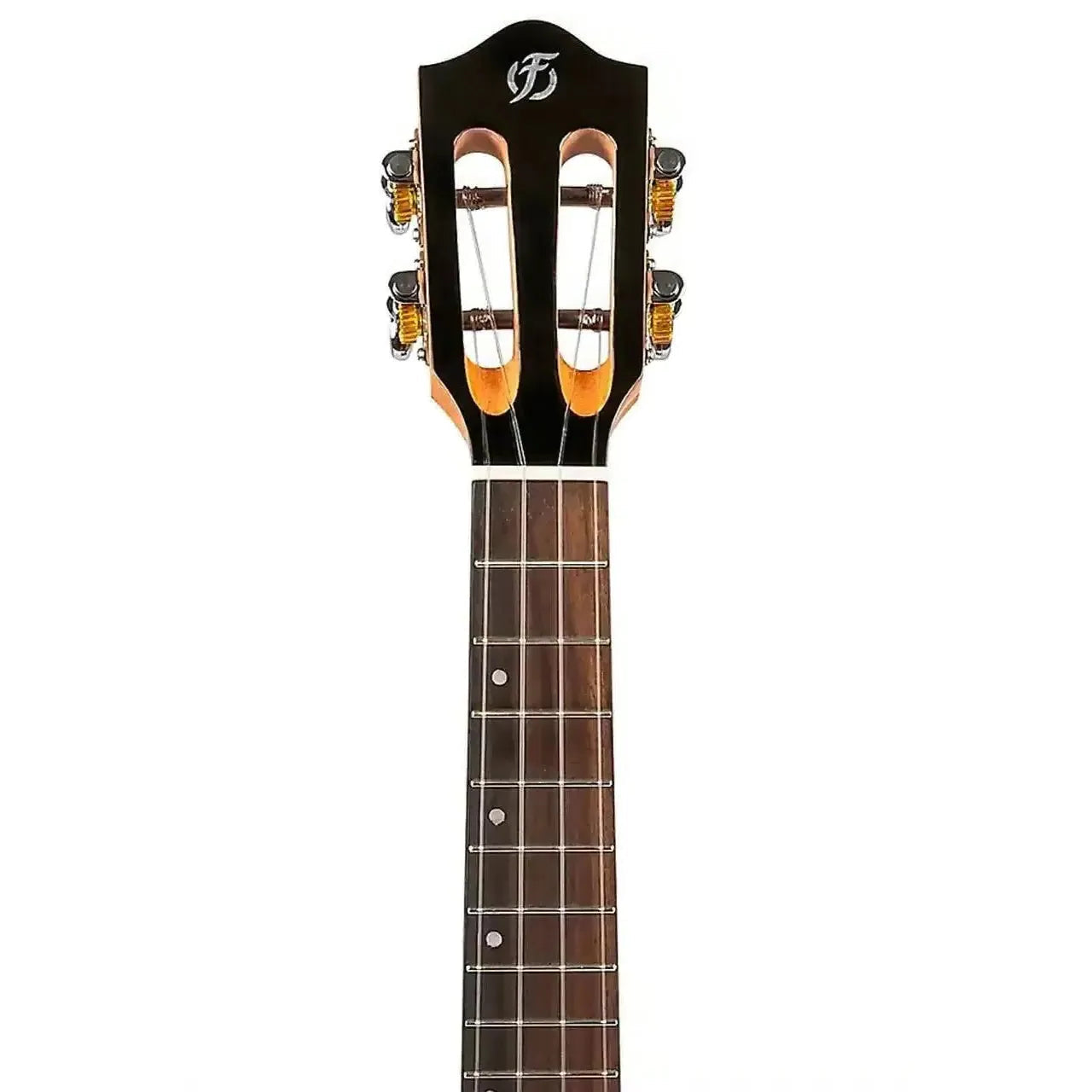 Flight IRIS RD Red Concert Ukulele headstock and fretboard with black tuners and logo.