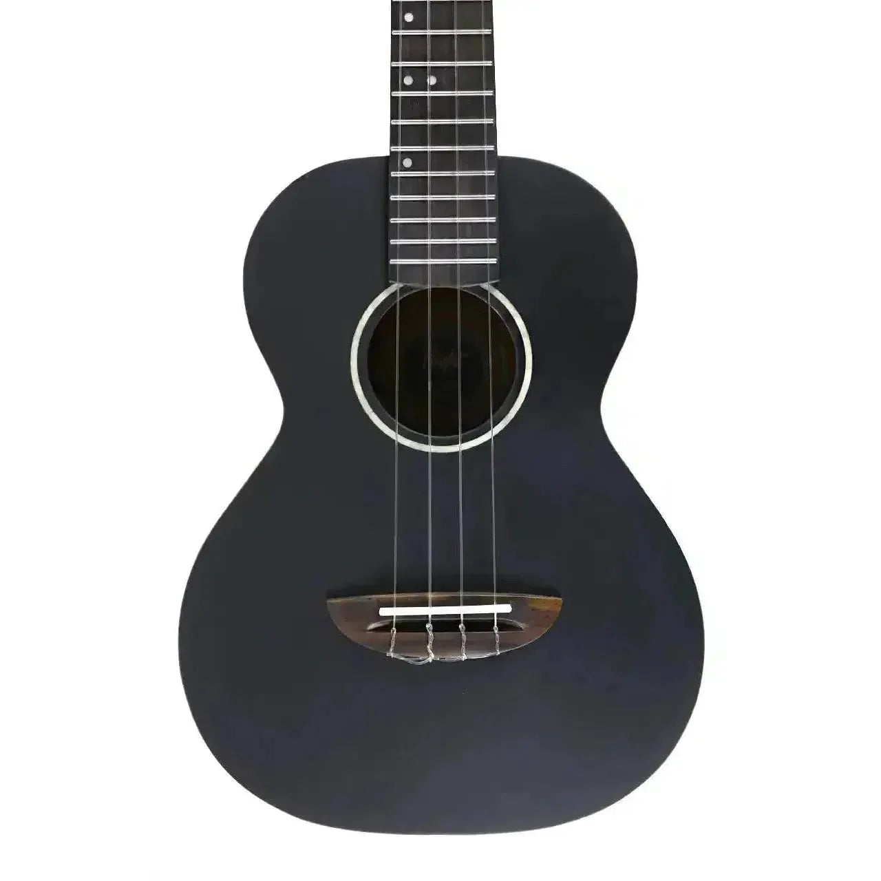 Flight IRIS tenor ukulele with a black body, white rosette, and dark wood bridge.