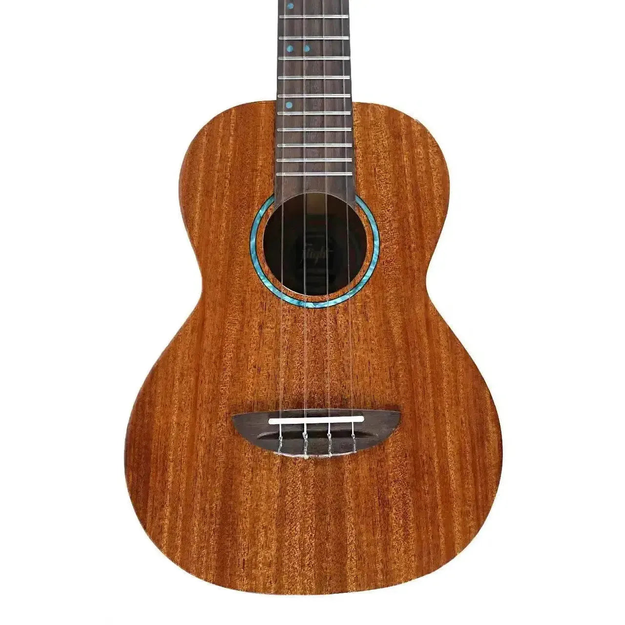 Flight IRIS TINTA NA Natural Solid Mahogany Tenor Ukulele with turquoise rosette and rosewood bridge.