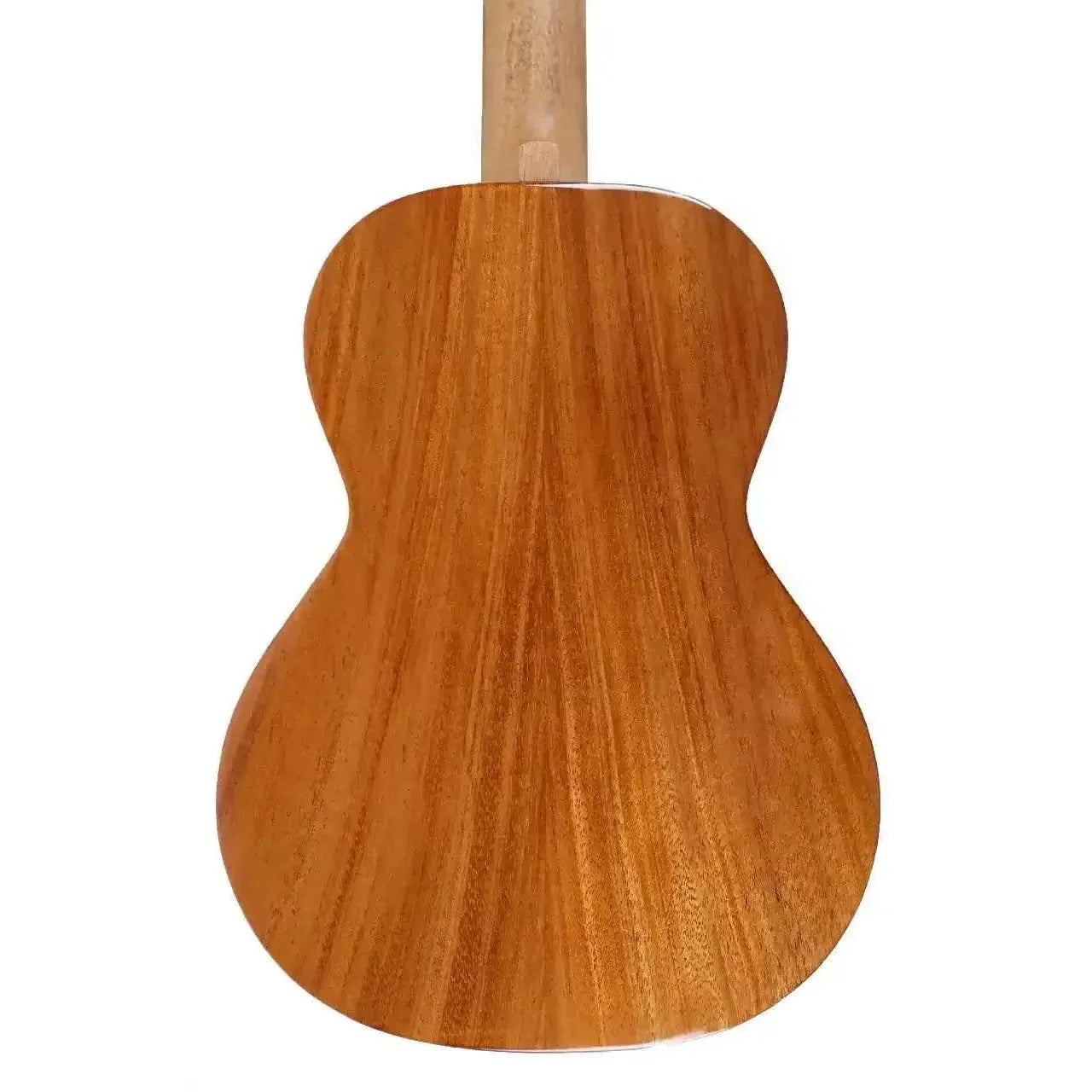 Back of a Flight IRIS TINTA NA natural solid mahogany tenor ukulele, showing its rich wood grain and gloss finish.