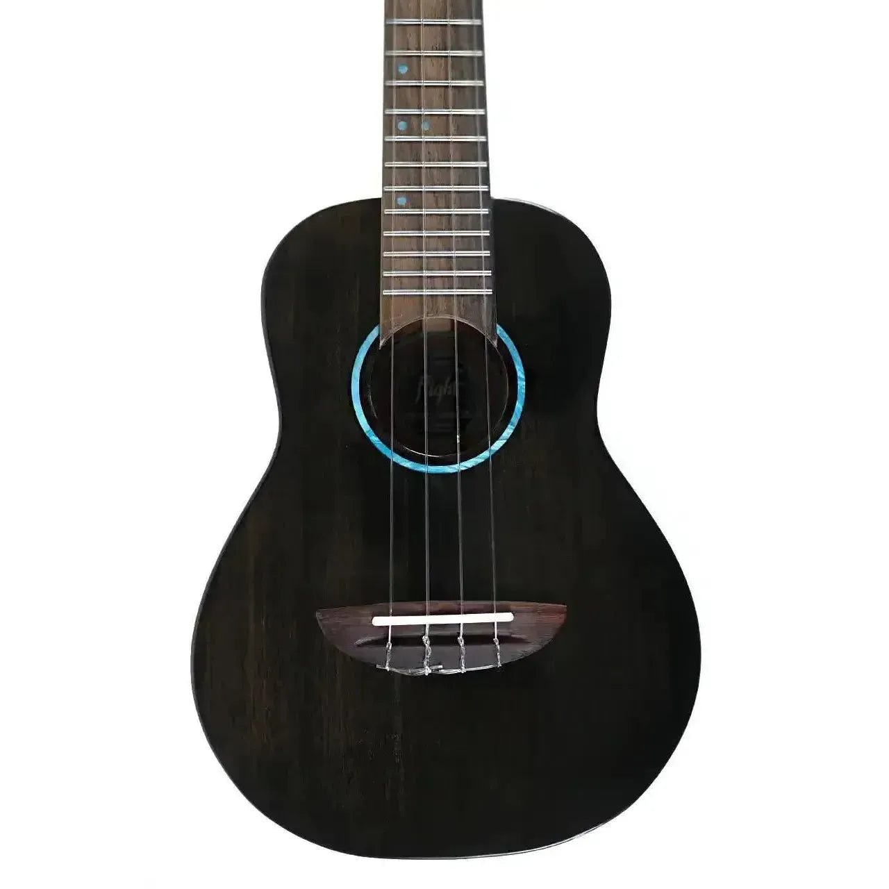 Flight IRIS TINTA TBK Transparent Black Concert Ukulele with blue rosette and mahogany body.
