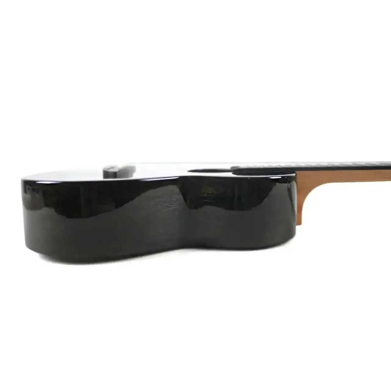 Side view of Flight IRIS TINTA TBK Transparent Black Tenor Ukulele body with gloss finish and mahogany neck.