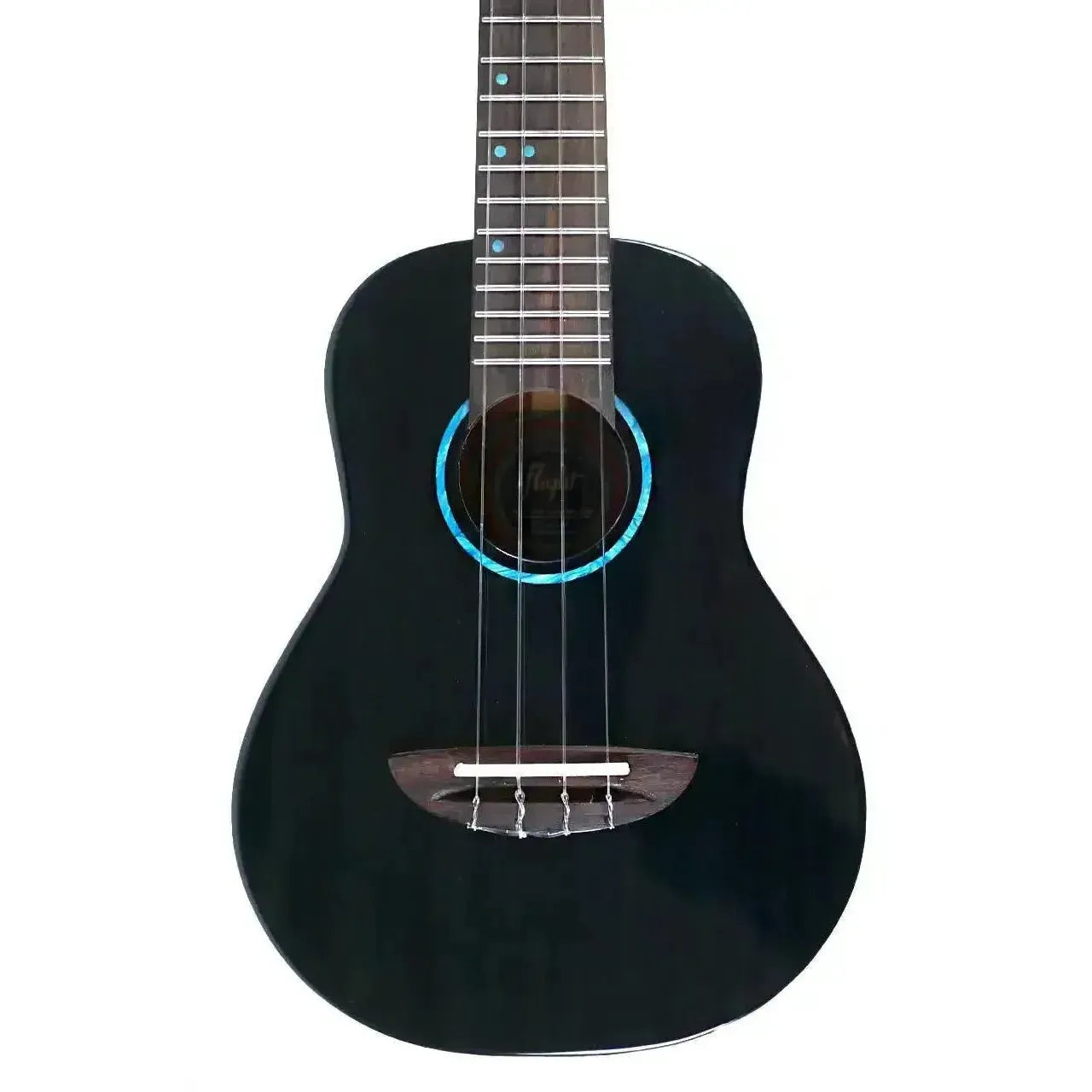 Flight IRIS TINTA TDB Transparent Blue Concert Ukulele with black body and blue soundhole accent.