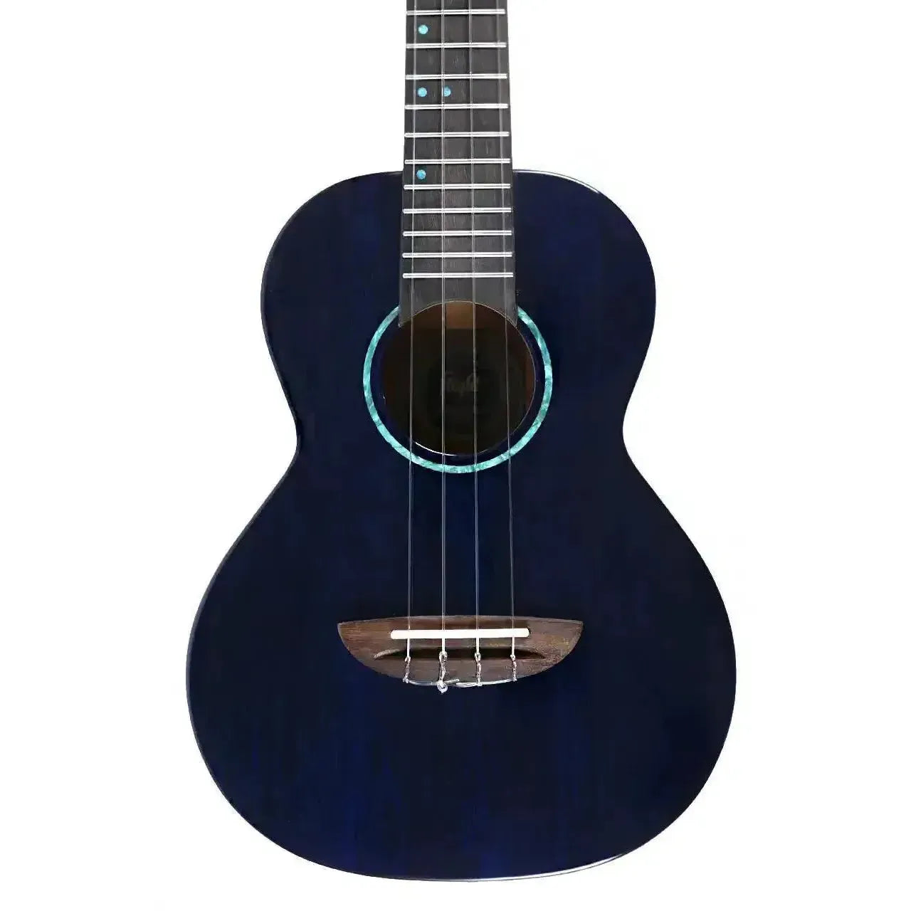 Flight IRIS TINTA TDB transparent blue tenor ukulele with a rosewood bridge and turquoise rosette.
