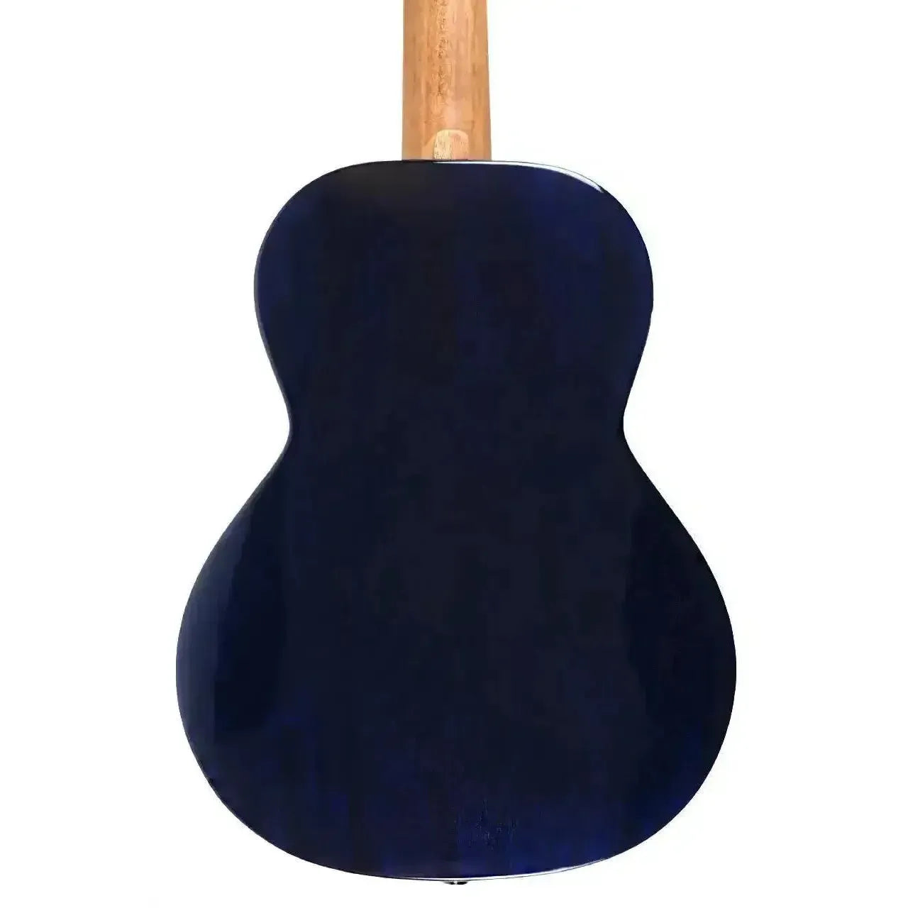 Back of a Flight IRIS TINTA TDB Transparent Blue Tenor Ukulele with a light wood neck.
