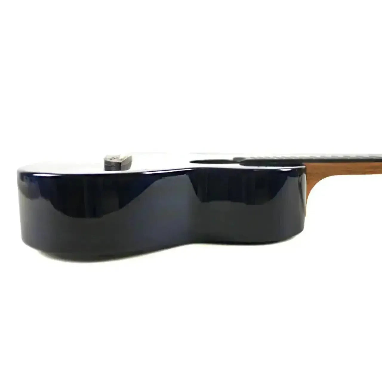 Flight IRIS TINTA TDB Transparent Blue Tenor Ukulele body, side view, showing glossy finish.