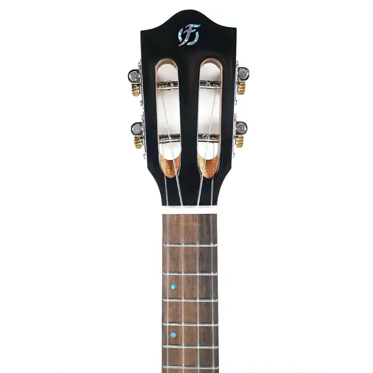 Flight IRIS TINTA TDB tenor ukulele headstock and fretboard with transparent blue inlays.
