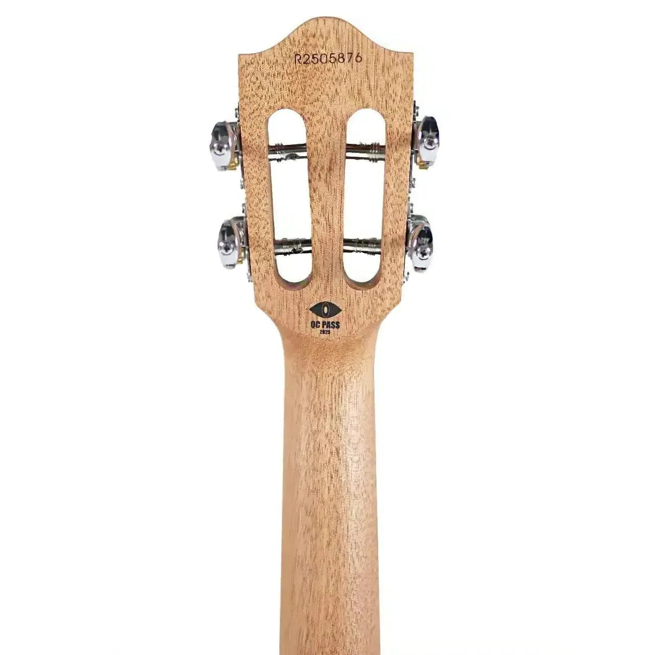 Back of Flight IRIS TINTA TDB Transparent Blue Tenor Ukulele headstock with mahogany wood grain and chrome tuners.