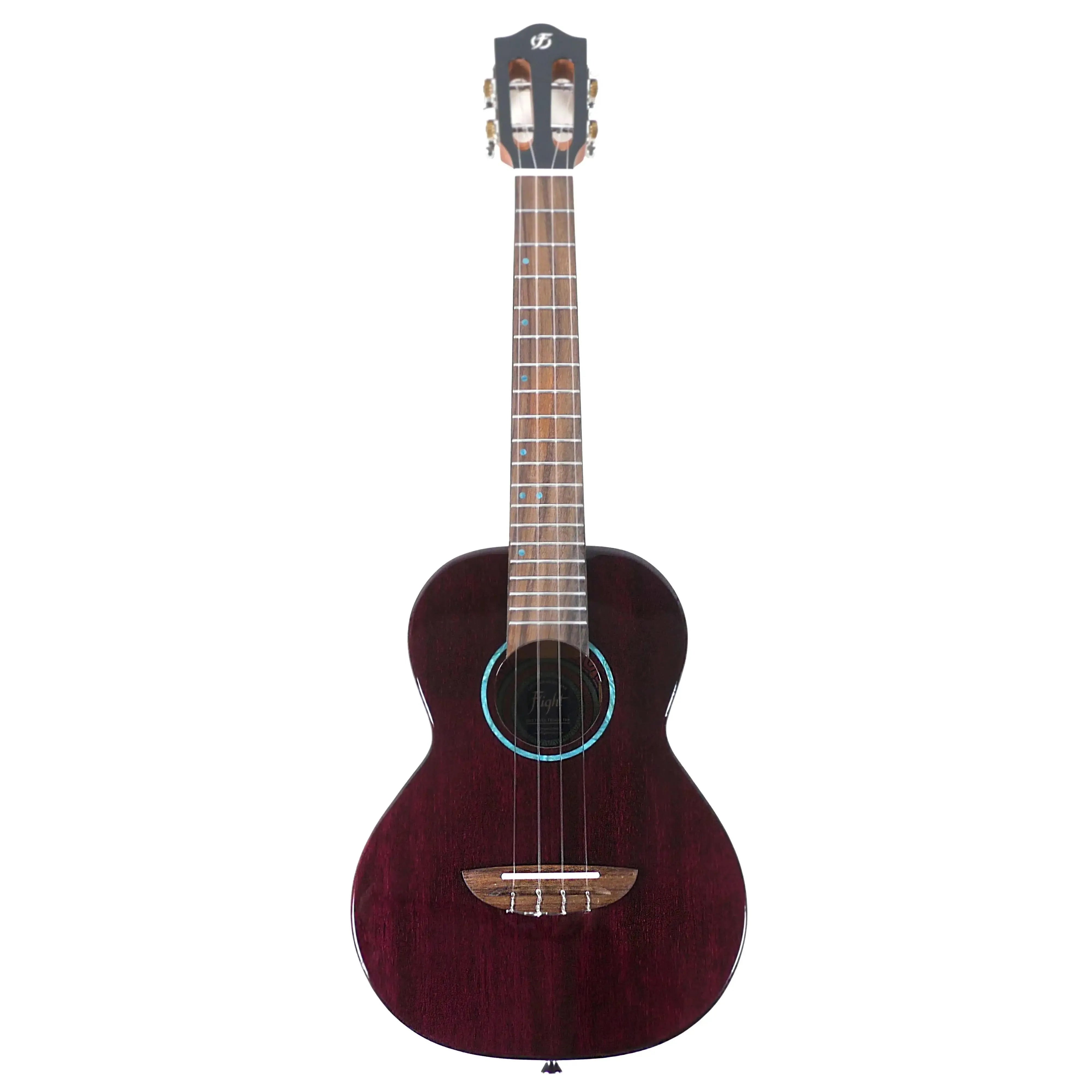 Flight IRIS TINTA TPP Transparent Purple Tenor Ukulele with dark wood body, light fretboard, and blue rosette.