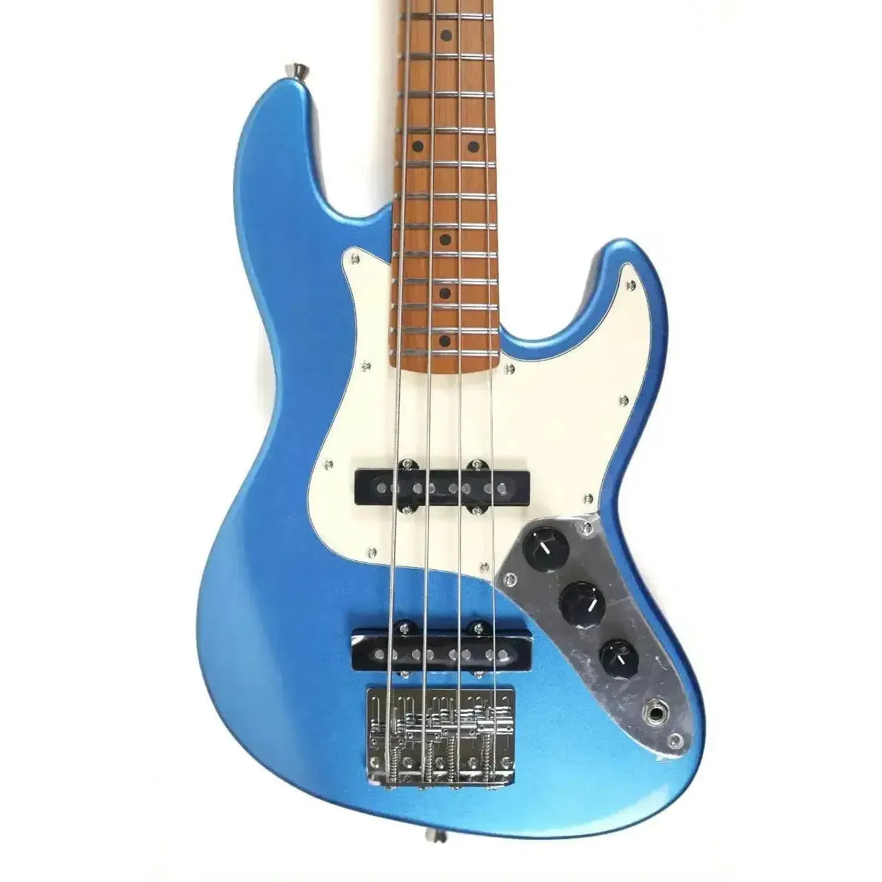 Flight JB LPB Metallic Blue Electric Mini Bass with white pickguard and roasted maple neck.