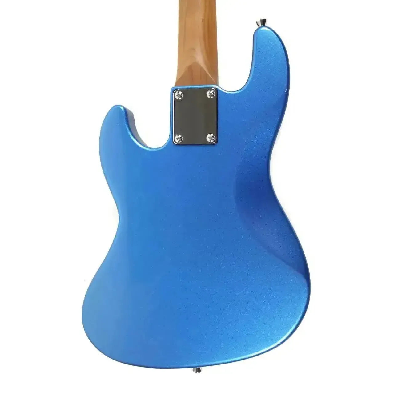 Back of a Flight JB LPB Metallic Blue Electric Mini Bass with a roasted maple neck.