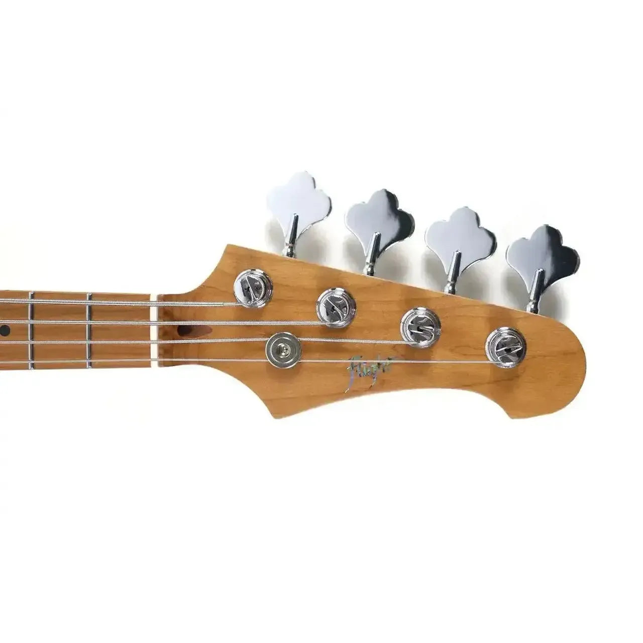 Flight JB LPB Electric Mini Bass headstock with roasted maple and chrome tuners.