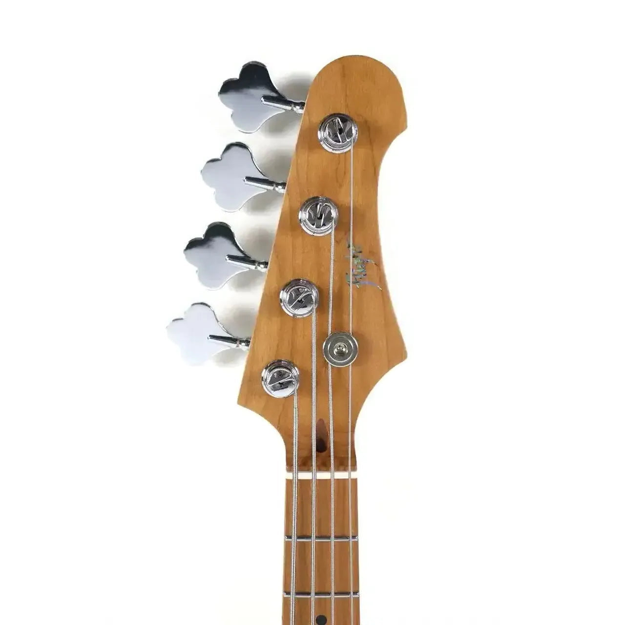 Flight JB LPB Electric Mini Bass headstock with roasted maple and chrome tuners.