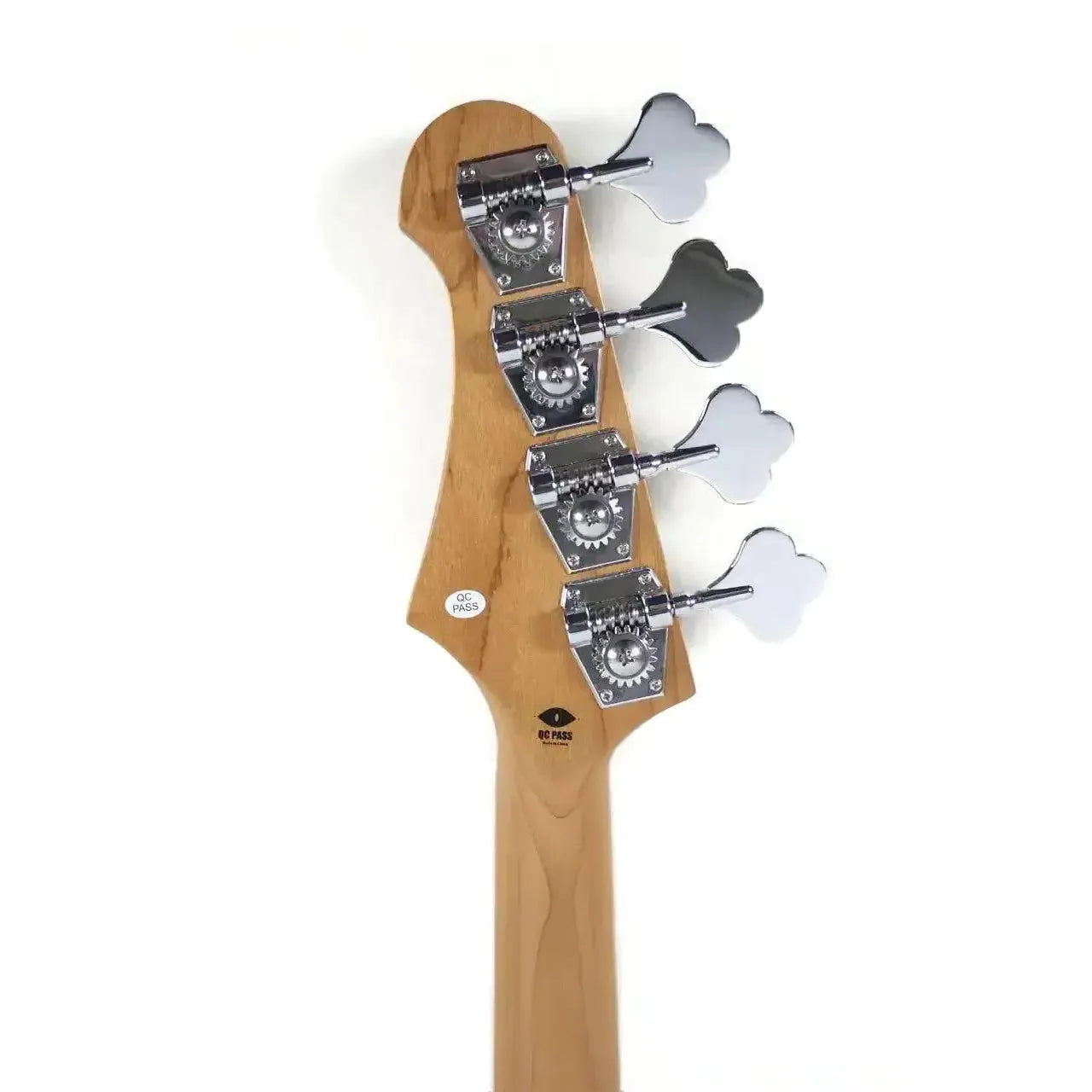 Flight JB LPB Electric Mini Bass headstock with roasted maple neck and chrome tuning machines.