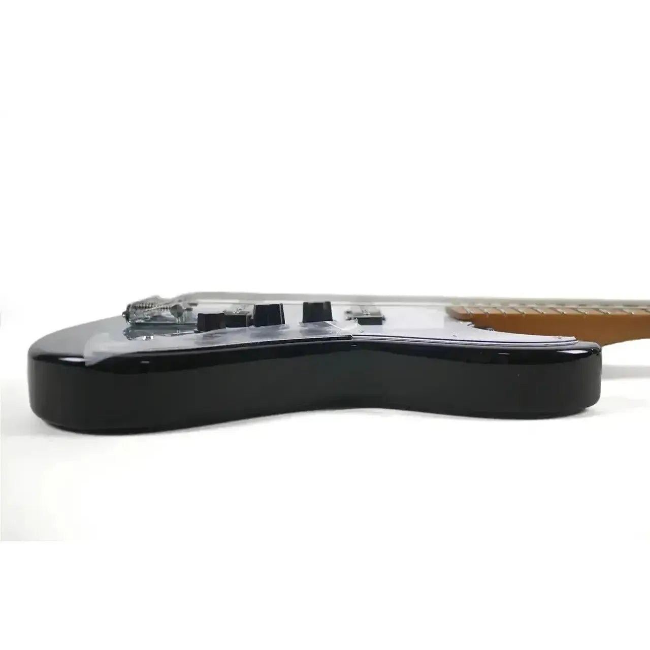 Flight JB MB Moonburst mini bass, side view showing black body, clear pickguard, and maple neck.
