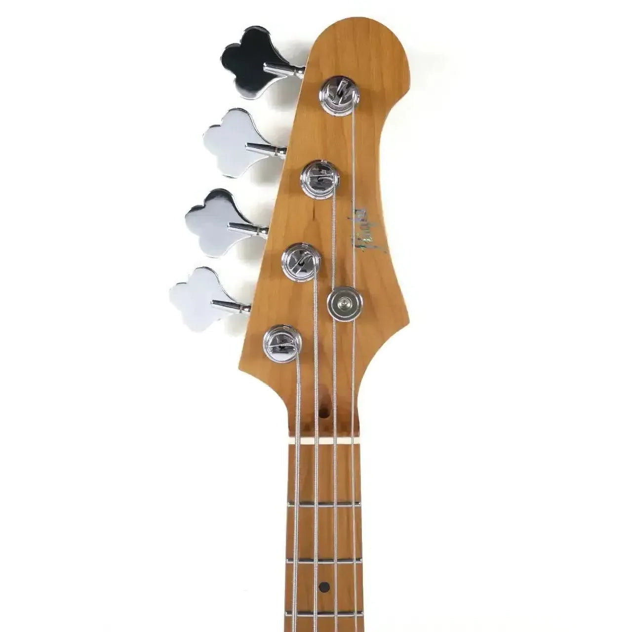 Flight JB MB Moonburst mini bass headstock with roasted maple neck, chrome tuners, and logo.
