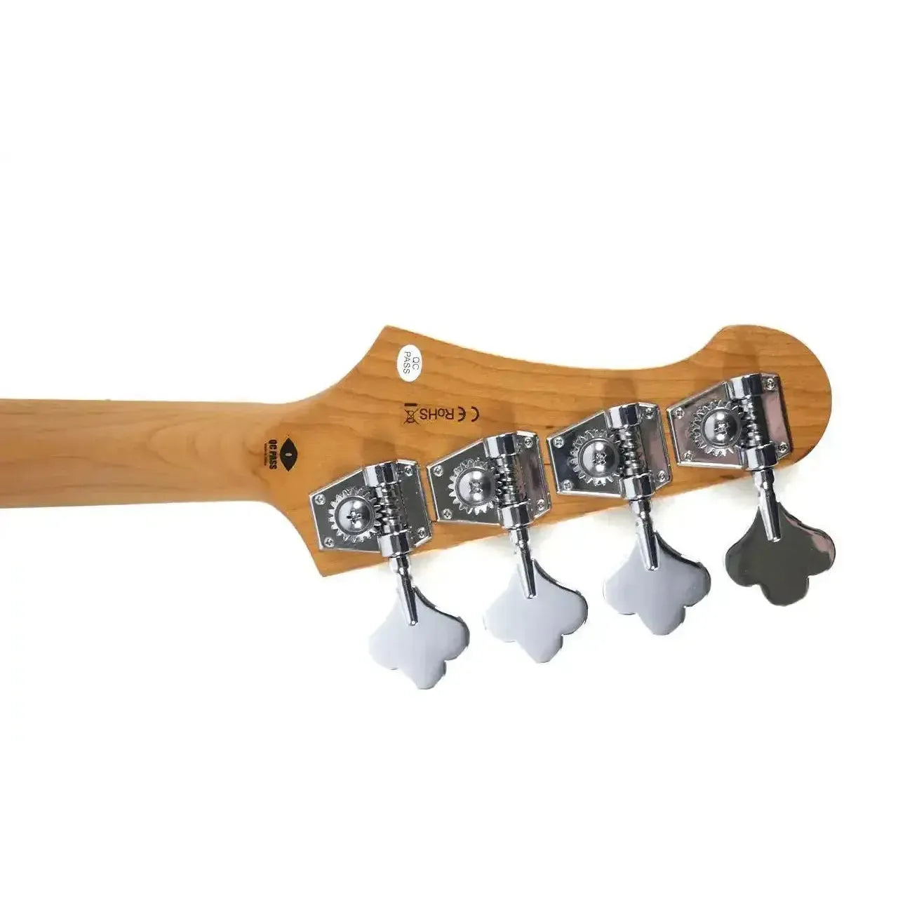 Back of Flight JB MB Moonburst mini bass headstock with roasted maple neck and chrome tuners.
