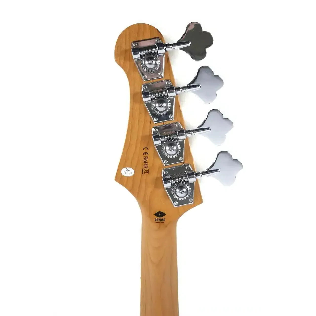 Back of Flight JB MB Moonburst mini bass headstock with roasted maple neck and chrome tuners.