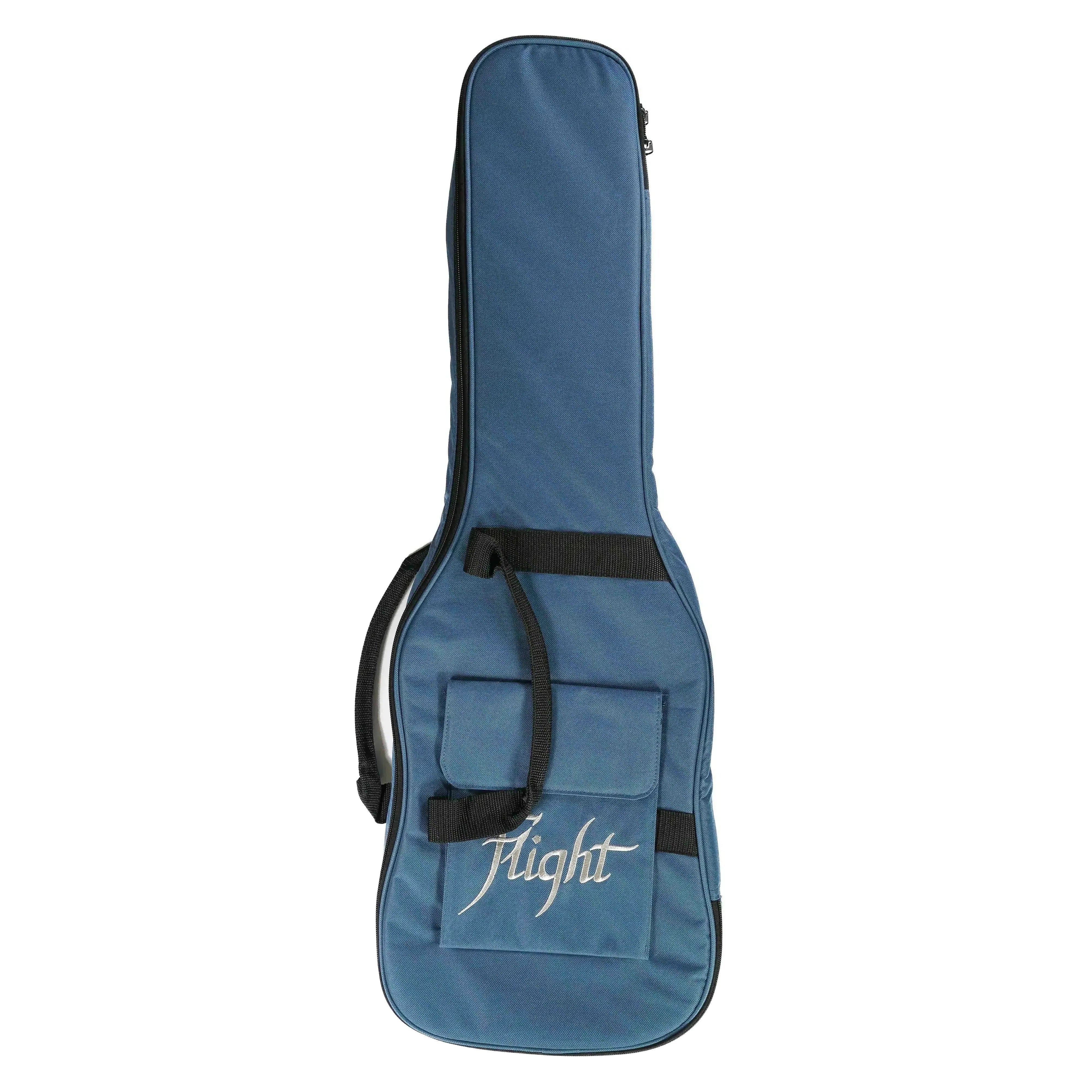 Flight blue padded gig bag for mini bass, with black straps and logo.