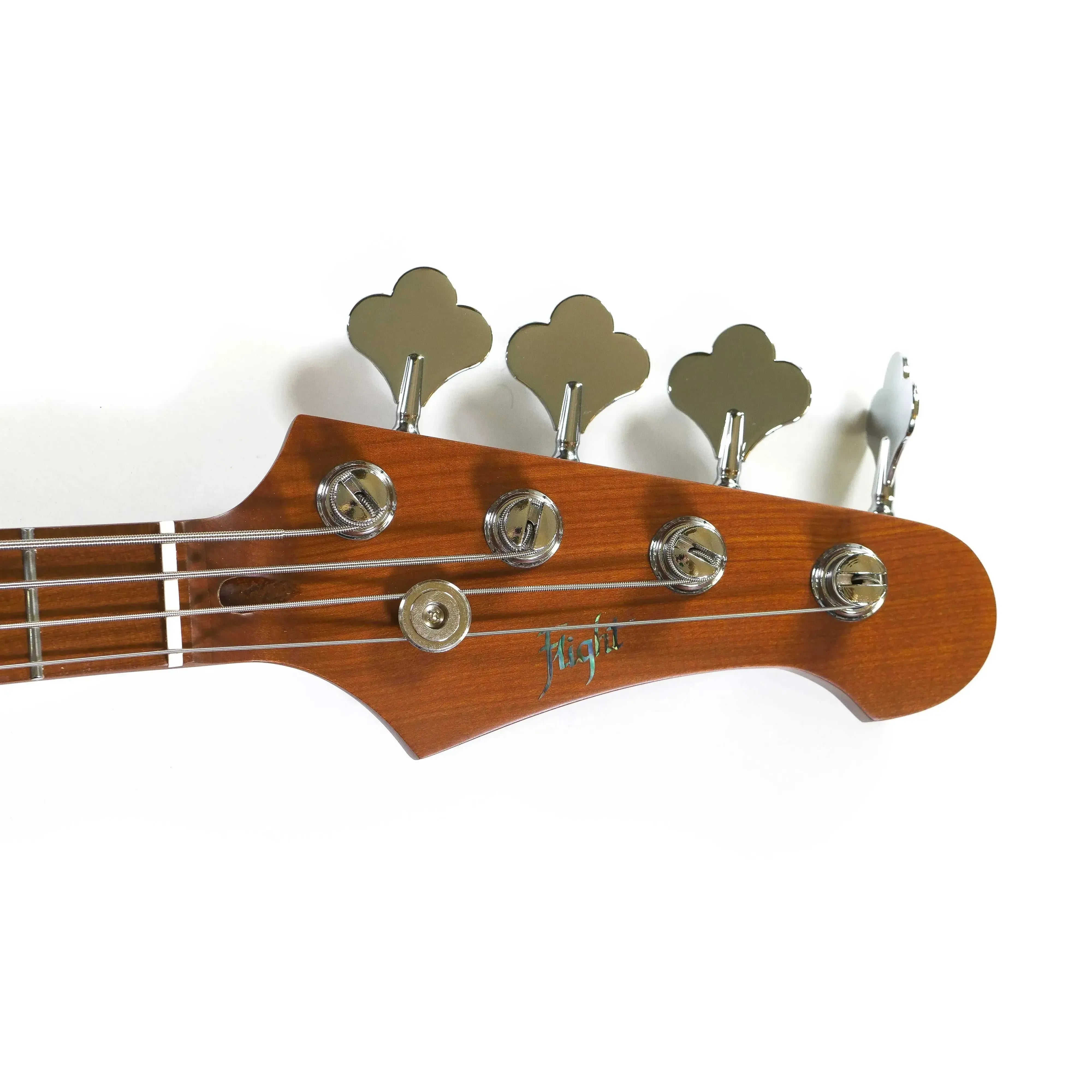 Flight JB SB Electric Mini Bass headstock, roasted maple with chrome tuners and Flight logo.
