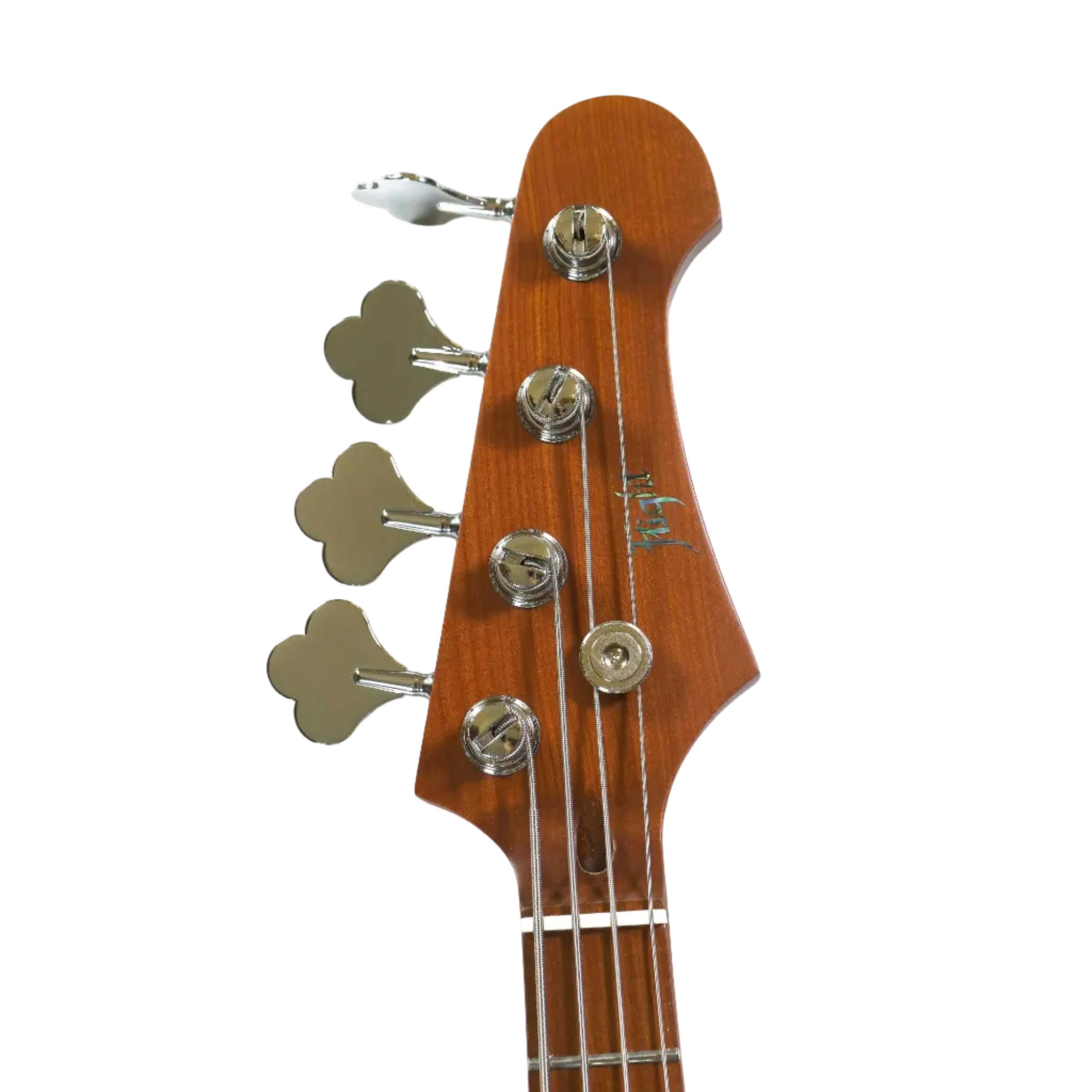 Flight JB SB Electric Mini Bass headstock, roasted maple with chrome tuners and Flight logo.