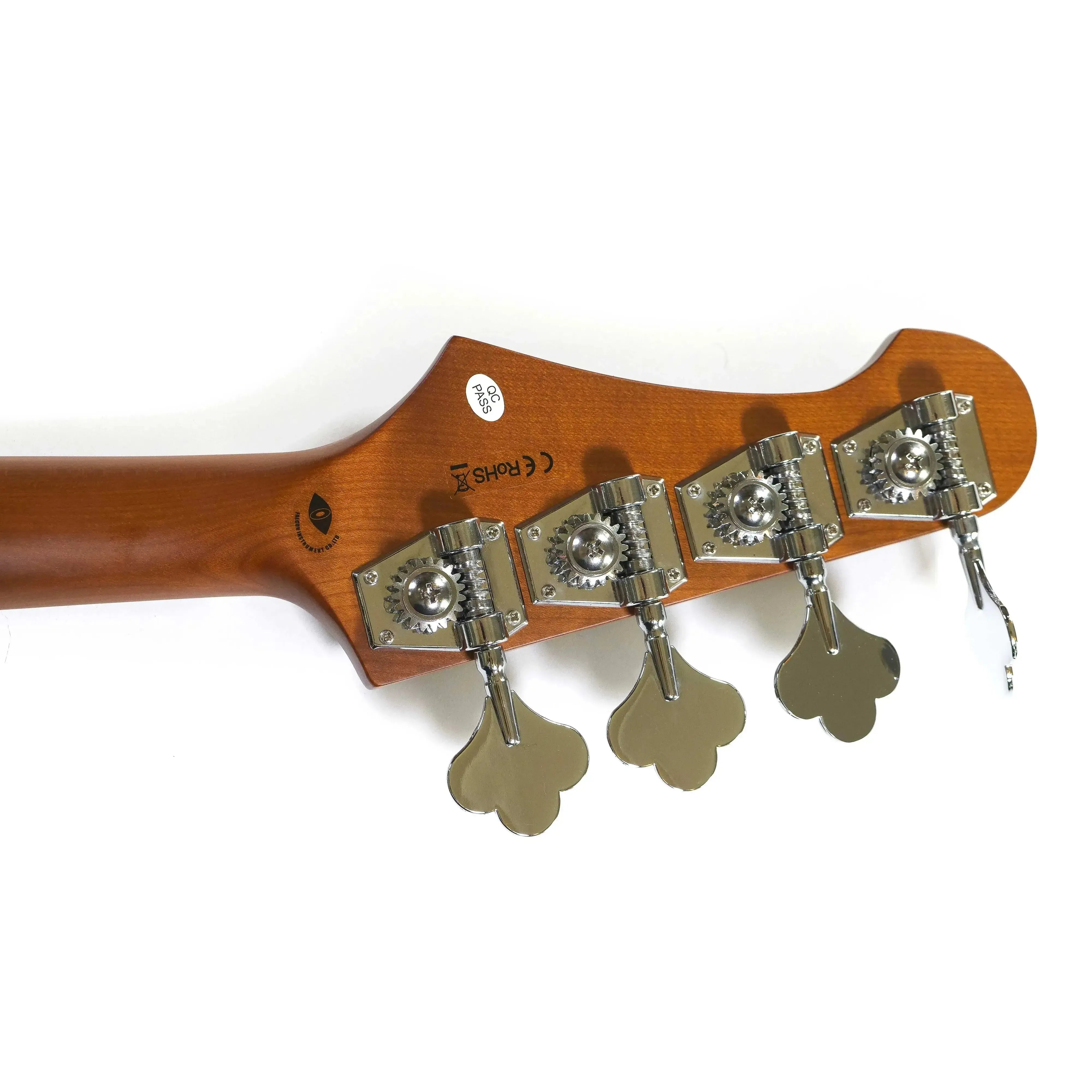 Flight JB SB Electric Mini Bass headstock with roasted maple neck and chrome tuners.
