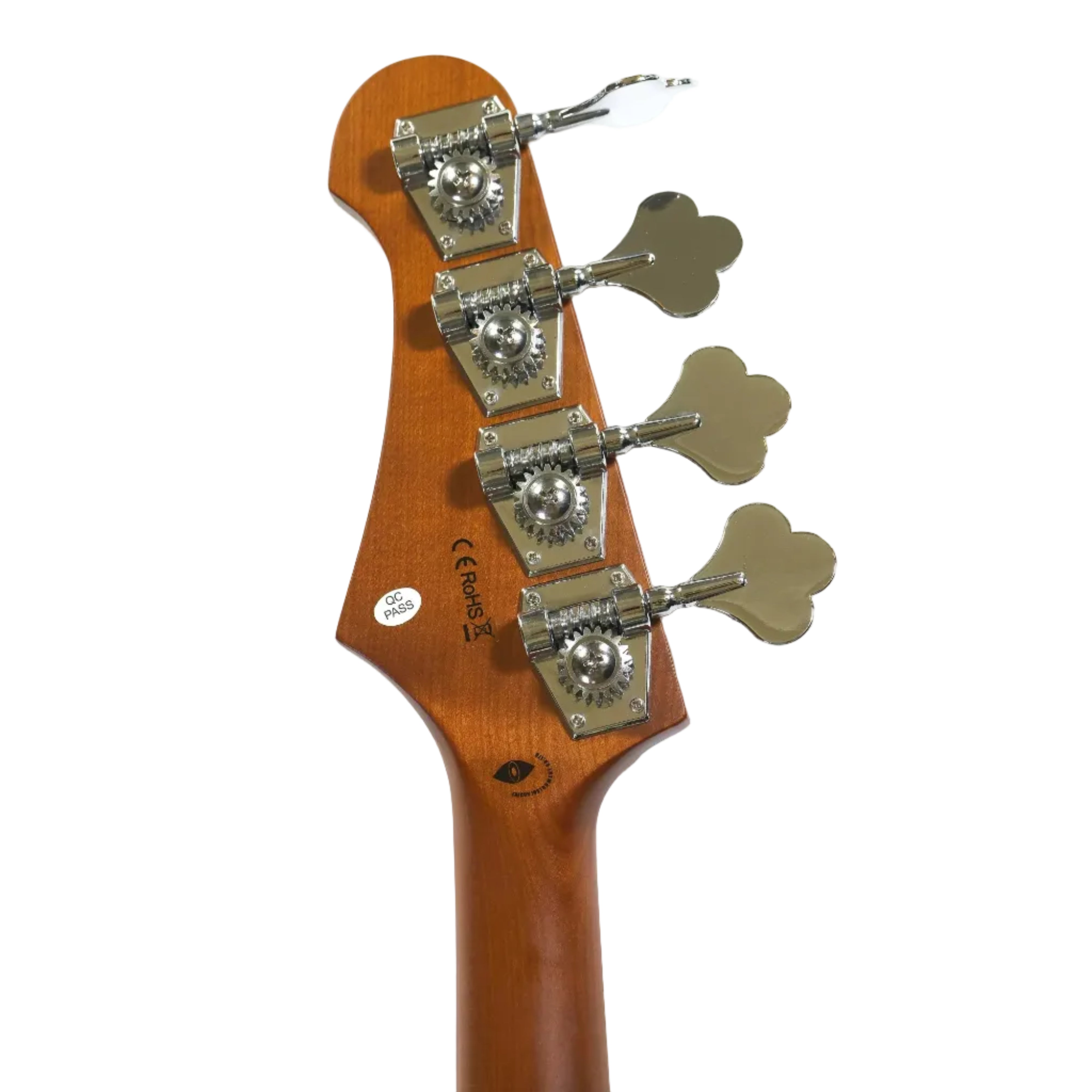 Flight JB SB Electric Mini Bass headstock with roasted maple neck and chrome tuners.
