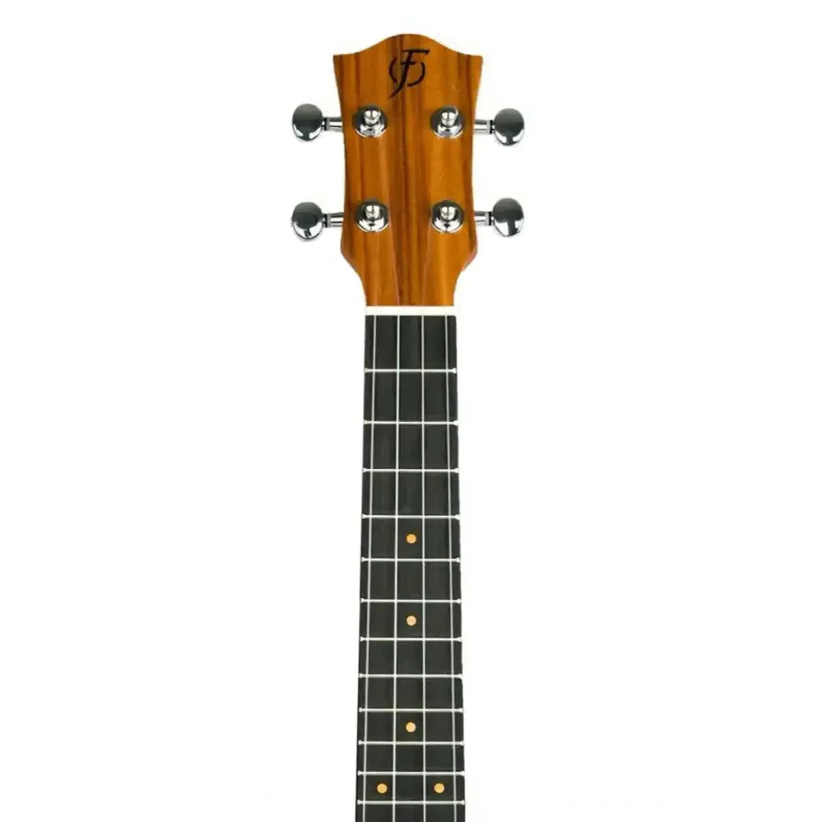 Flight DUS440 Supernatural Series acacia soprano ukulele headstock with gold die-cast tuners and logo.