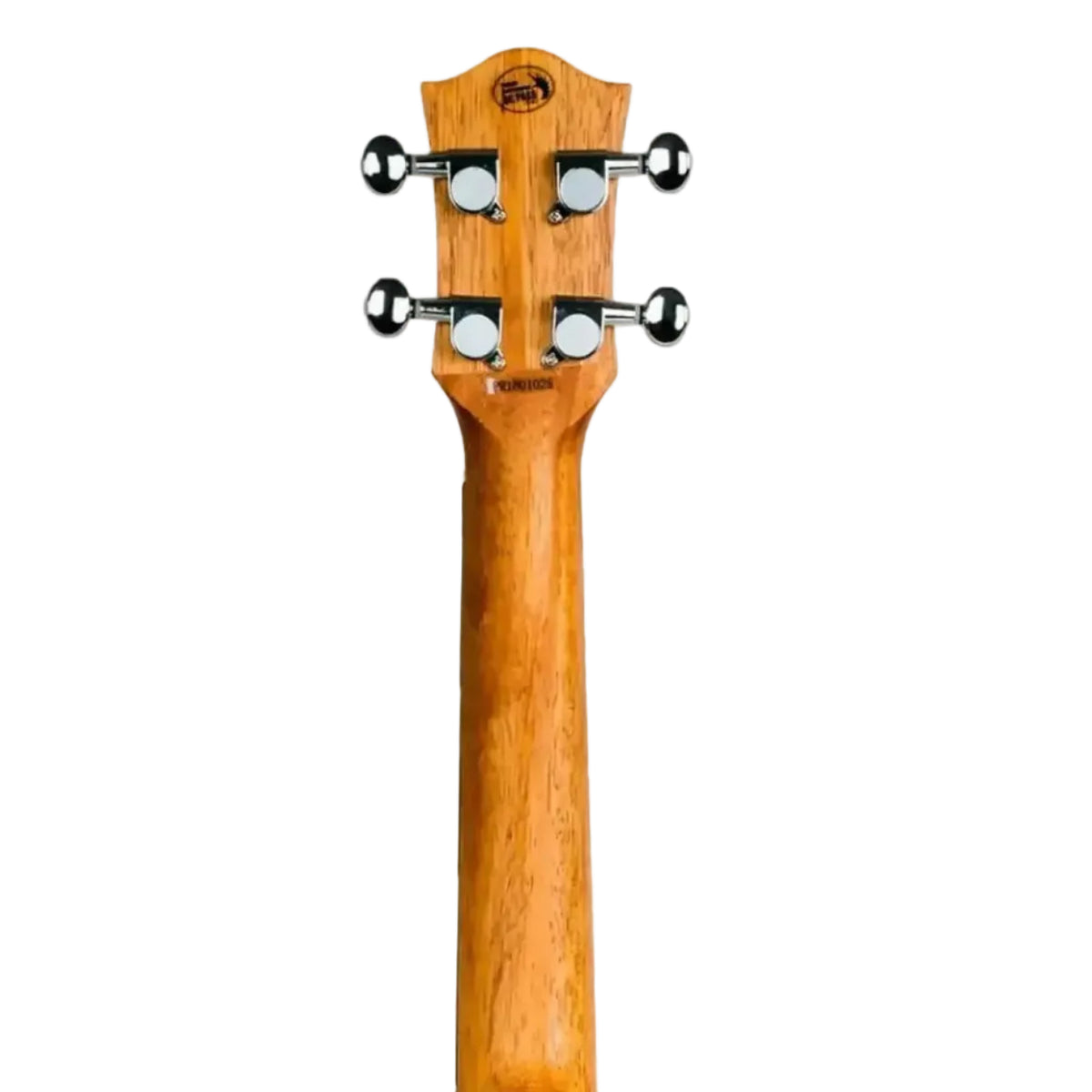 Back of a Flight Acacia Concert Ukulele headstock and neck with gold die-cast geared tuners.