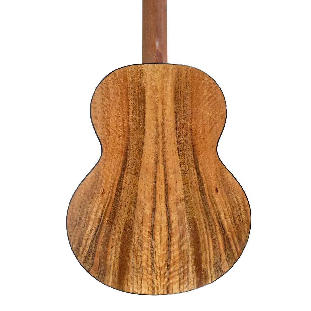 Back of a Flight Lily EQ-A Baritone Ukulele with rich, wavy mango laminate wood grain.