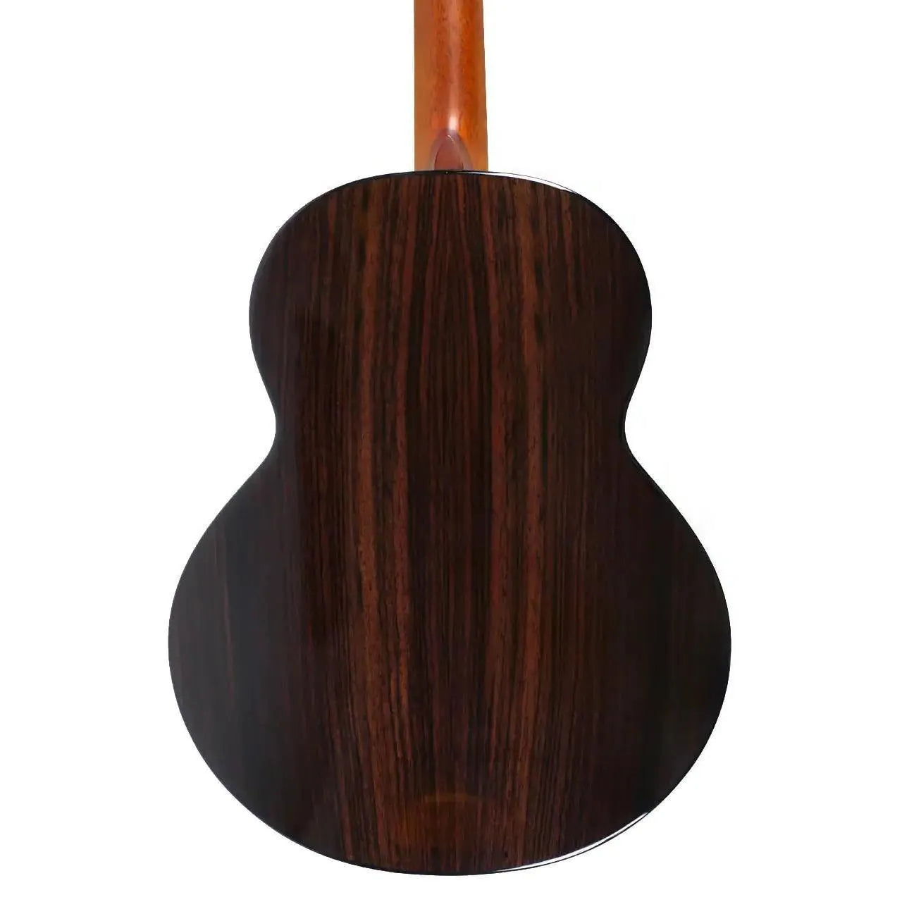Back of a Flight Maia EQ-A Baritone Ukulele, showing dark rosewood grain and light mahogany neck.