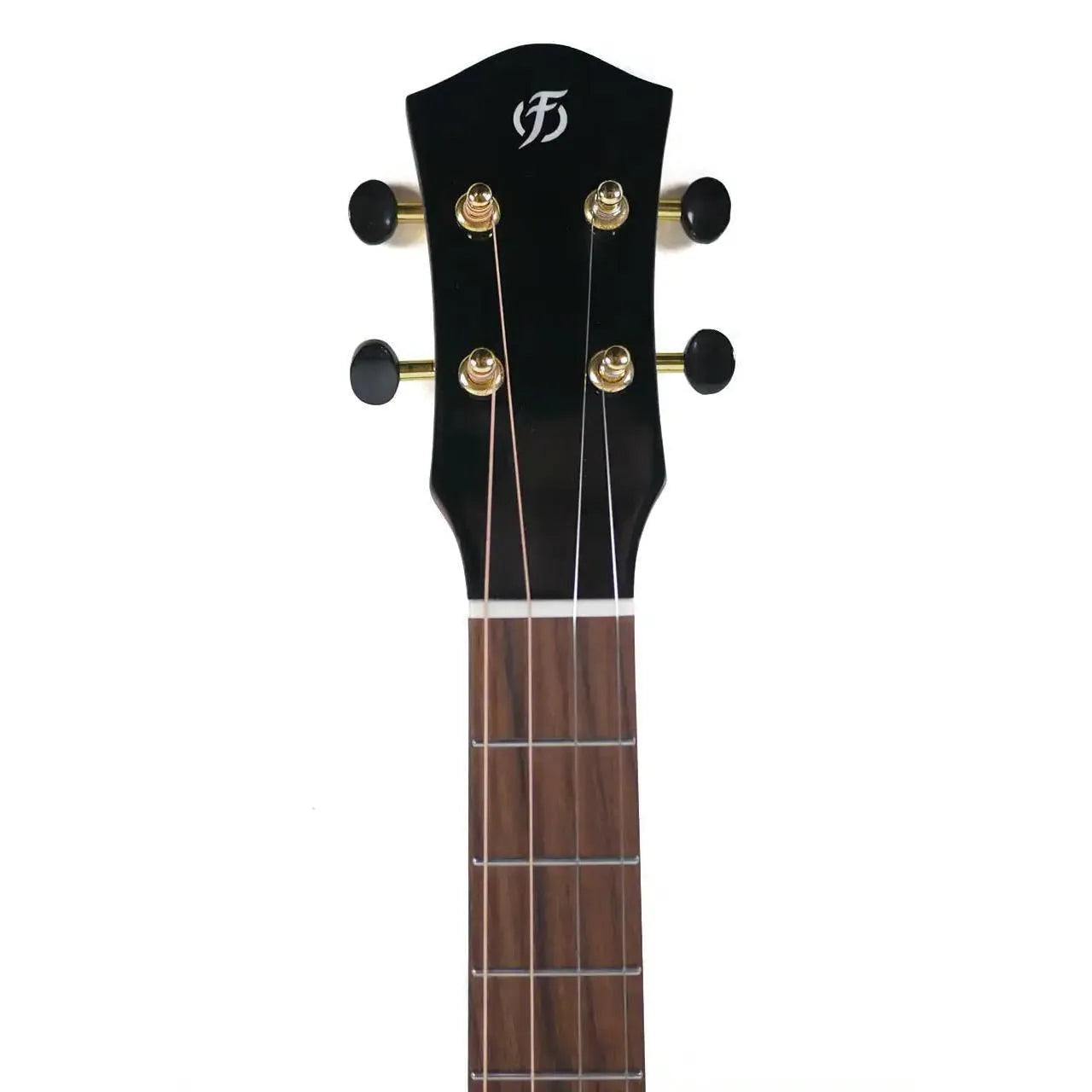 Flight Maia EQ-A Baritone Ukulele headstock with black finish, gold tuners, and white Flight logo.