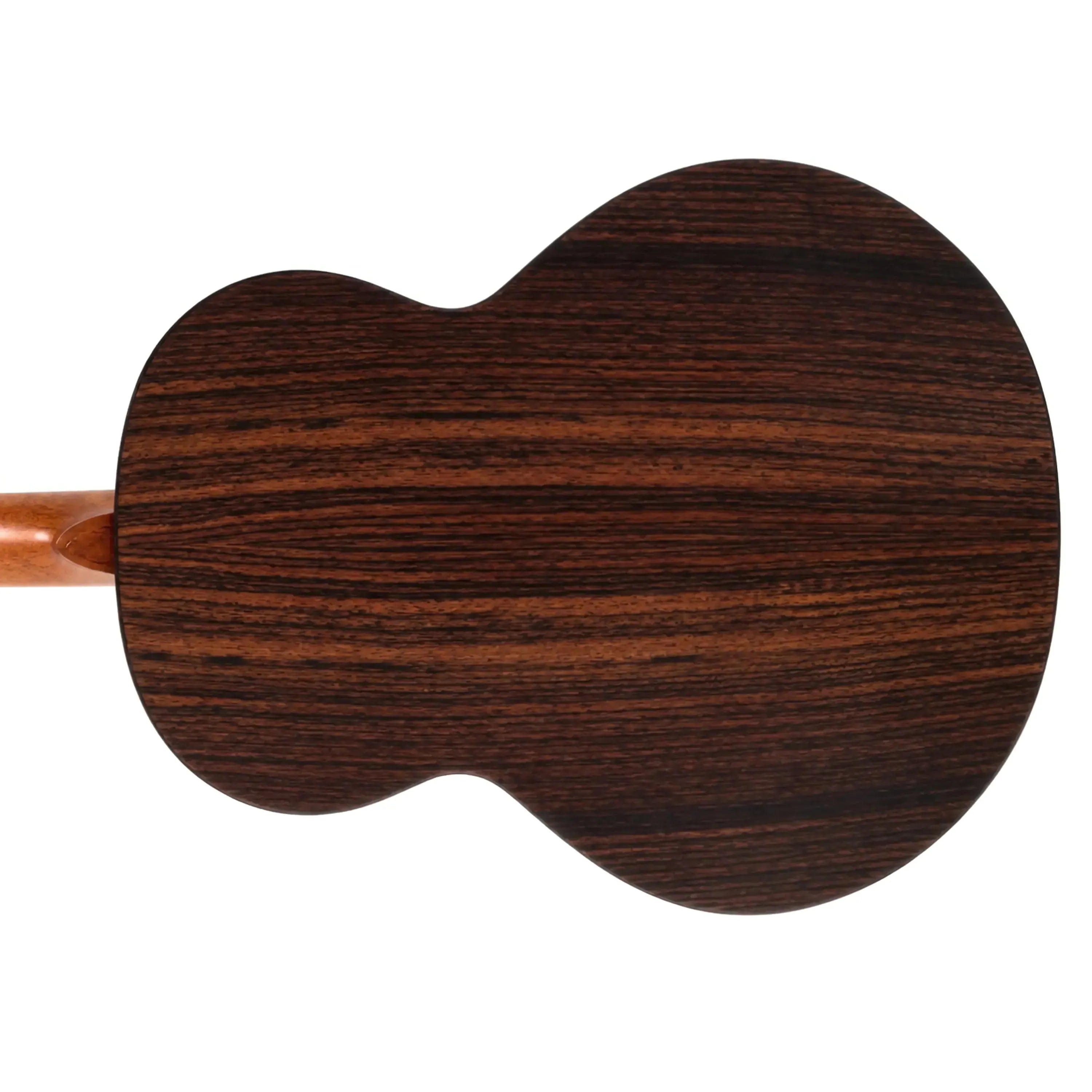 Flight Maia EQ-A Baritone Ukulele back, showing dark rosewood grain and light mahogany neck.