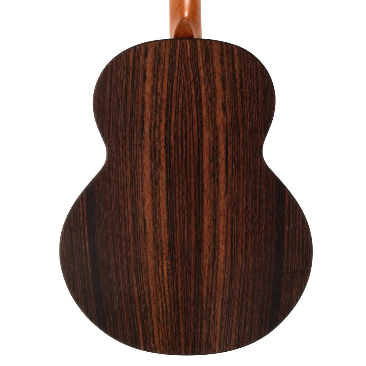 Flight Maia EQ-A Baritone Ukulele back, showing dark rosewood grain and light mahogany neck.
