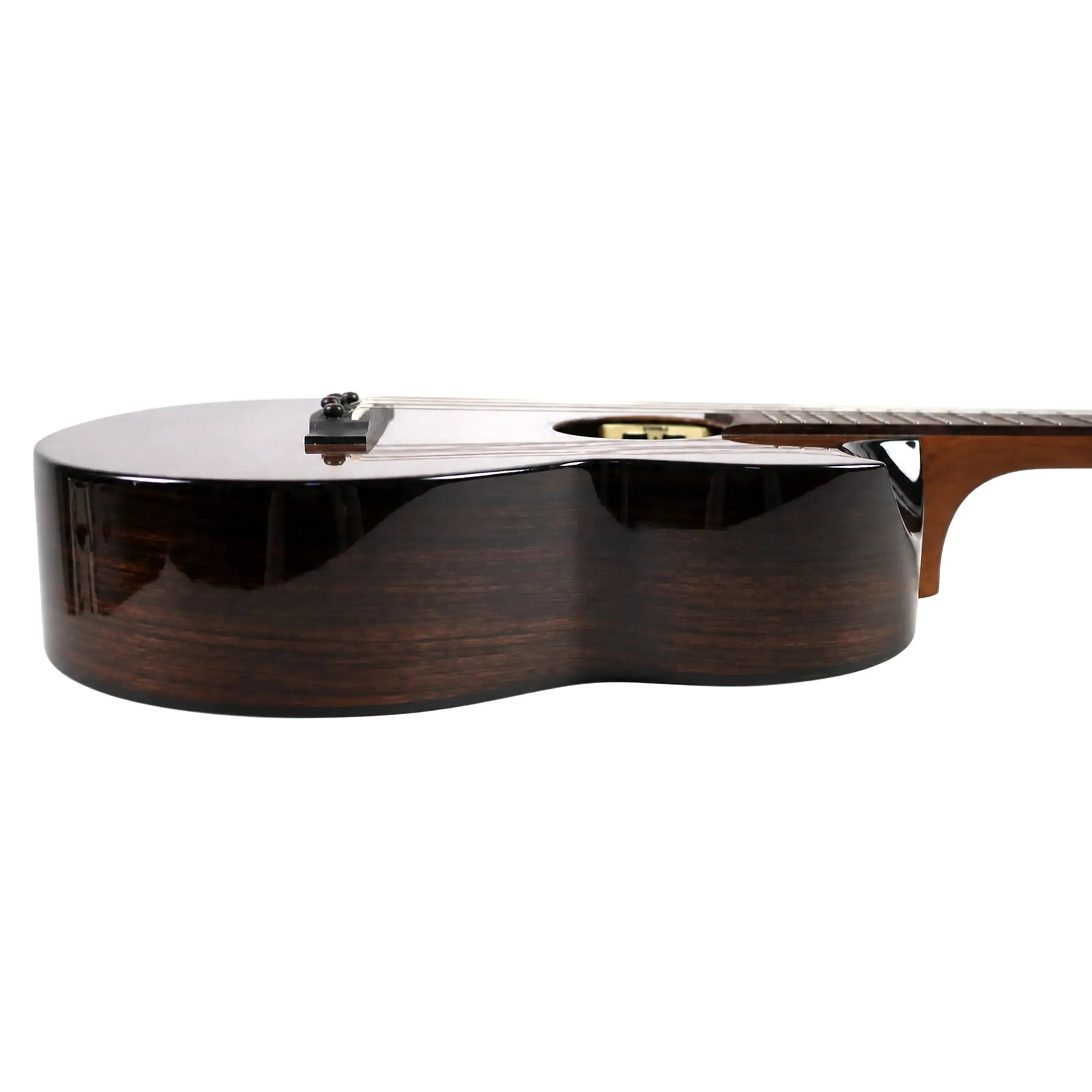 Flight Maia EQ-A Baritone Ukulele, side view showing dark rosewood back/sides and gloss finish.