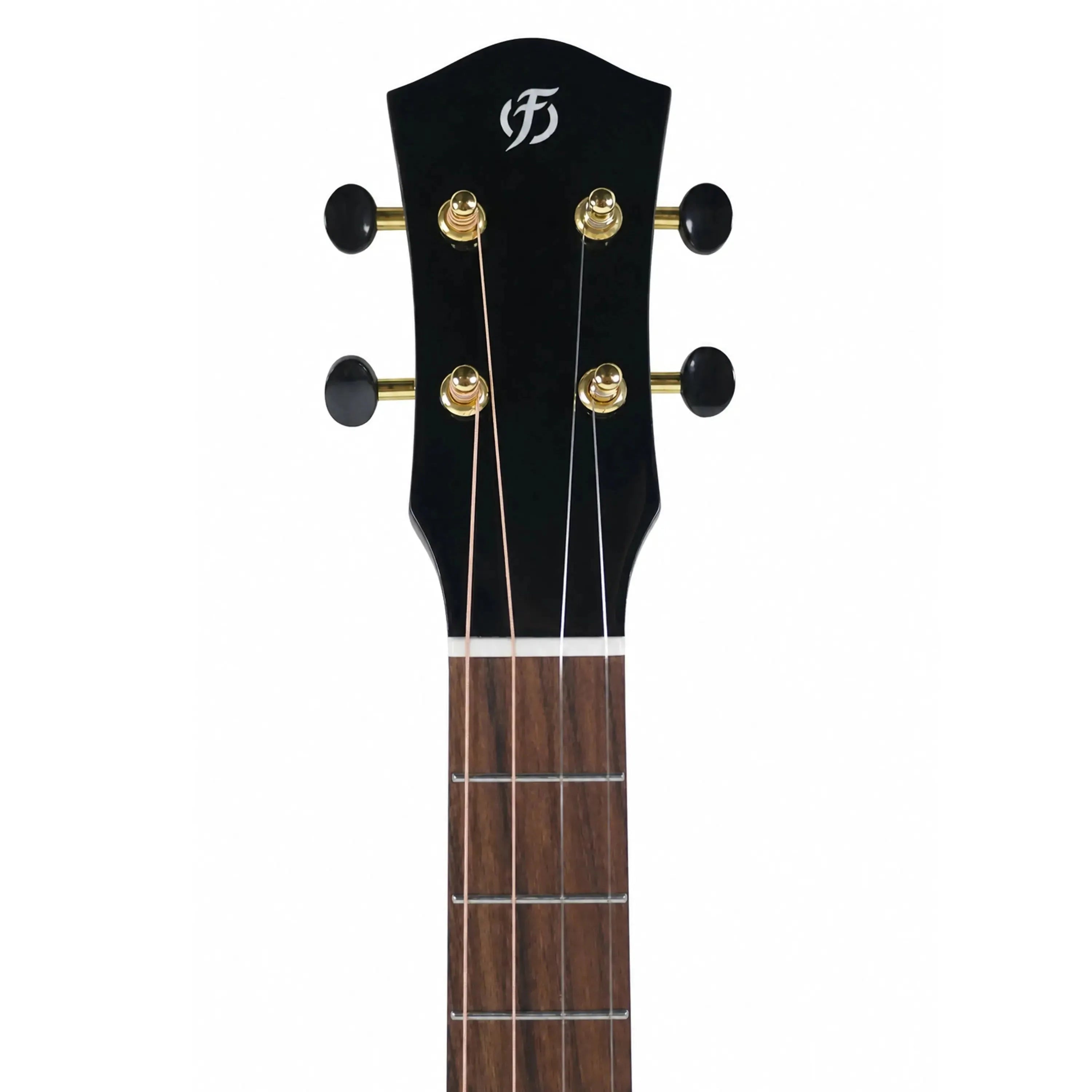 Flight Maia baritone ukulele headstock with black finish, gold tuners, and rosewood fretboard.