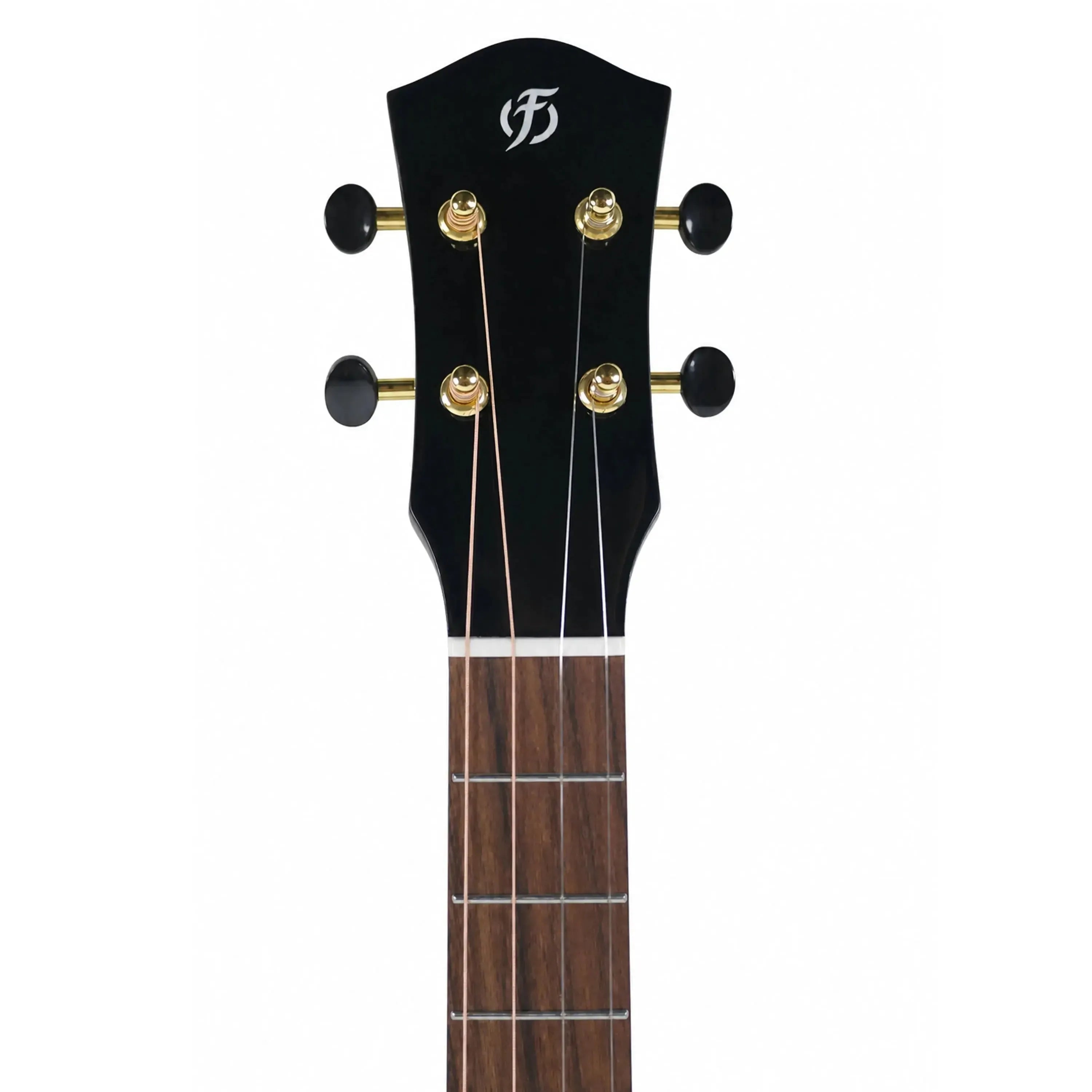 Flight Maia EQ-A Baritone Ukulele headstock with black finish, gold tuners, and rosewood fretboard.