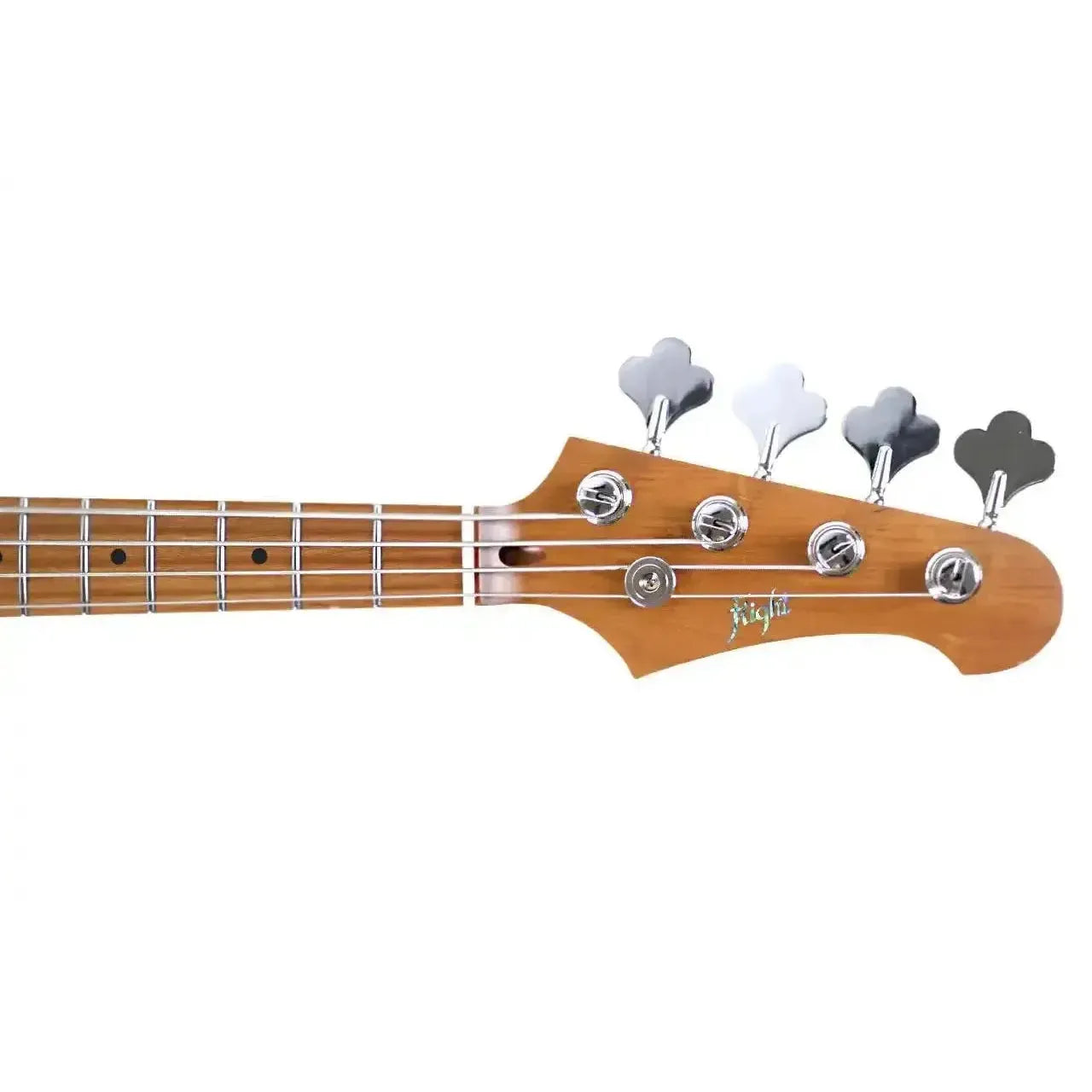 Flight MINI JB BRG electric mini bass headstock with roasted maple neck and chrome tuners.