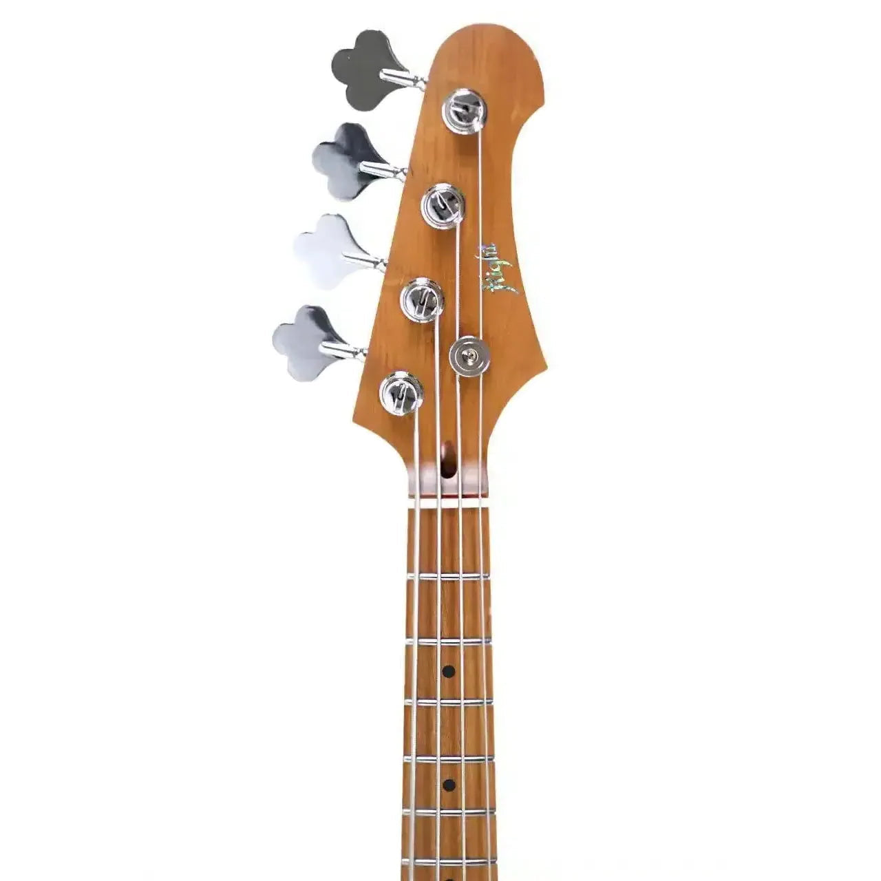 Flight MINI JB BRG electric mini bass headstock with roasted maple neck and chrome tuners.