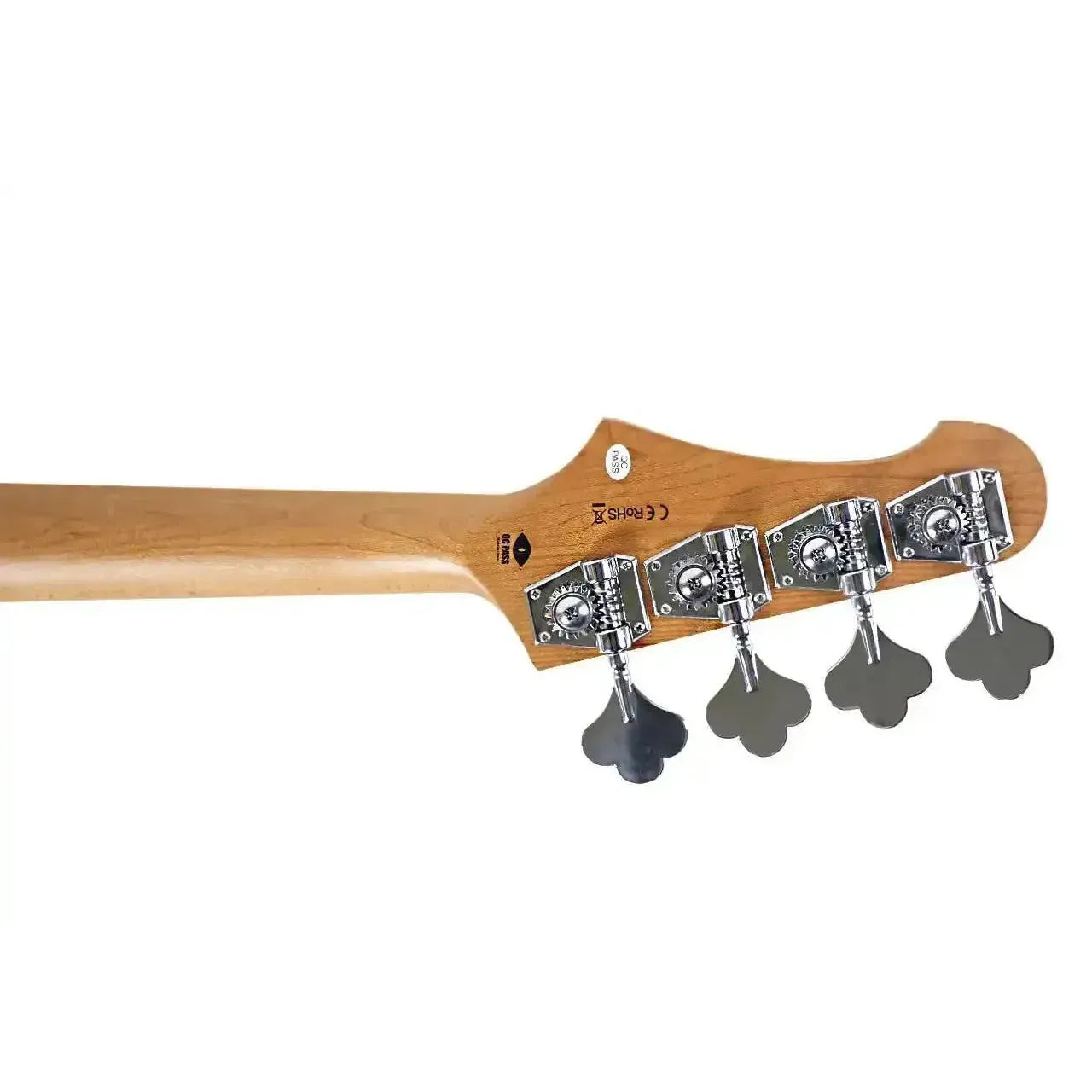 Flight MINI JB BRG electric mini bass headstock with roasted maple neck and chrome tuners.