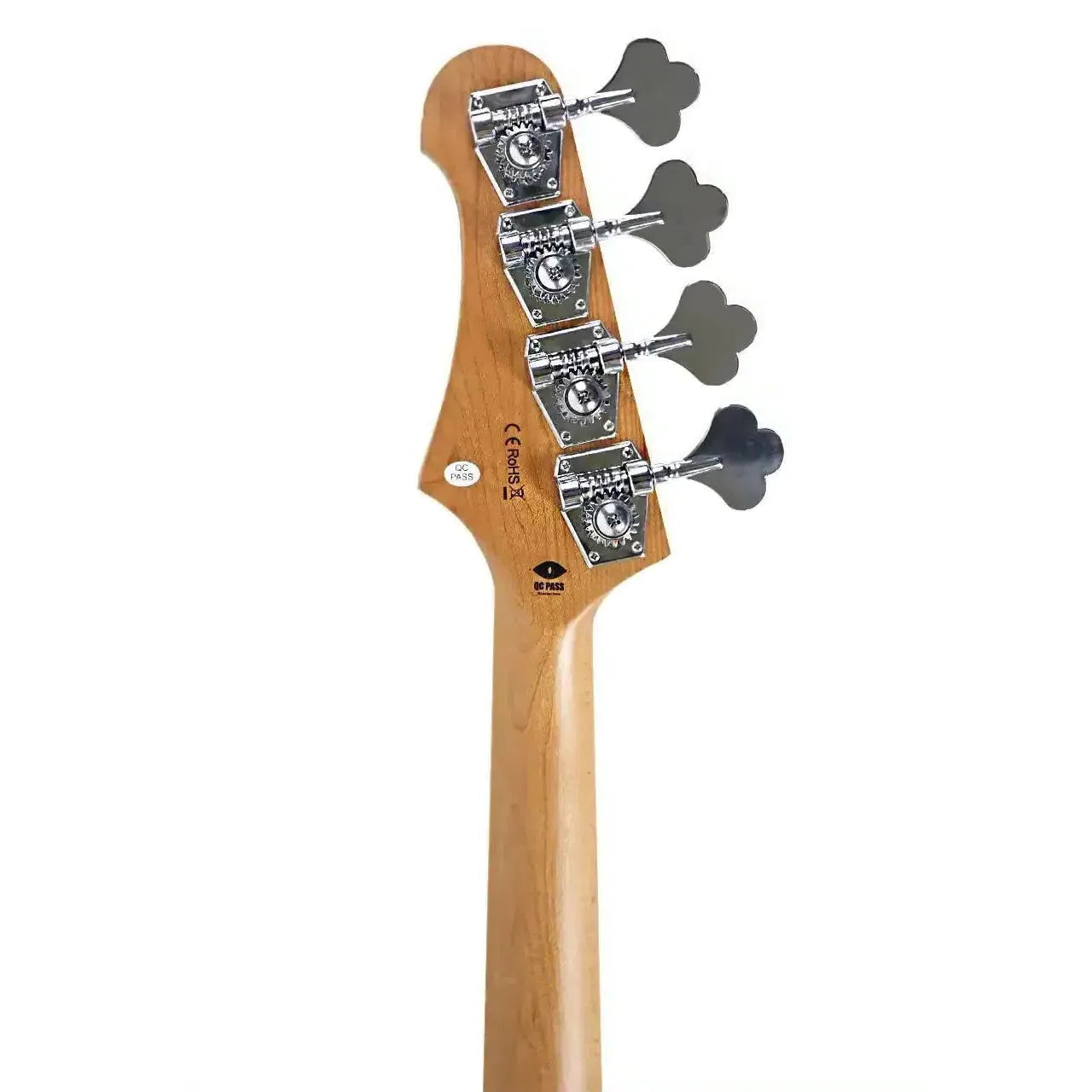 Flight MINI JB BRG electric mini bass headstock with roasted maple neck and chrome tuners.