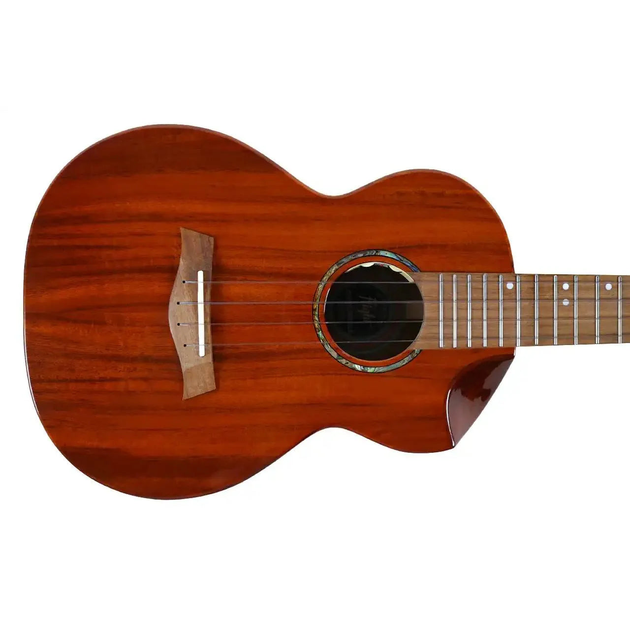 Flight Mustang EQ-A Tenor Ukulele with solid acacia body, glossy finish, abalone rosette, and cutaway.