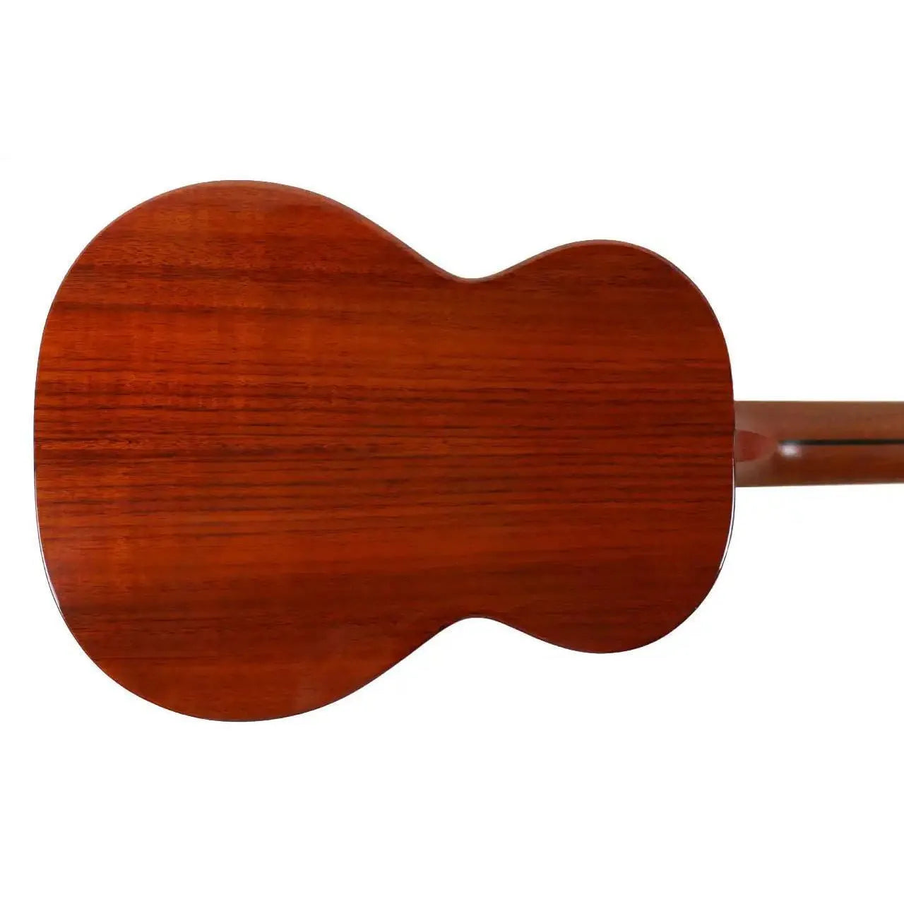 Back of a Flight Mustang EQ-A Tenor Ukulele, showcasing its warm brown solid acacia wood grain.